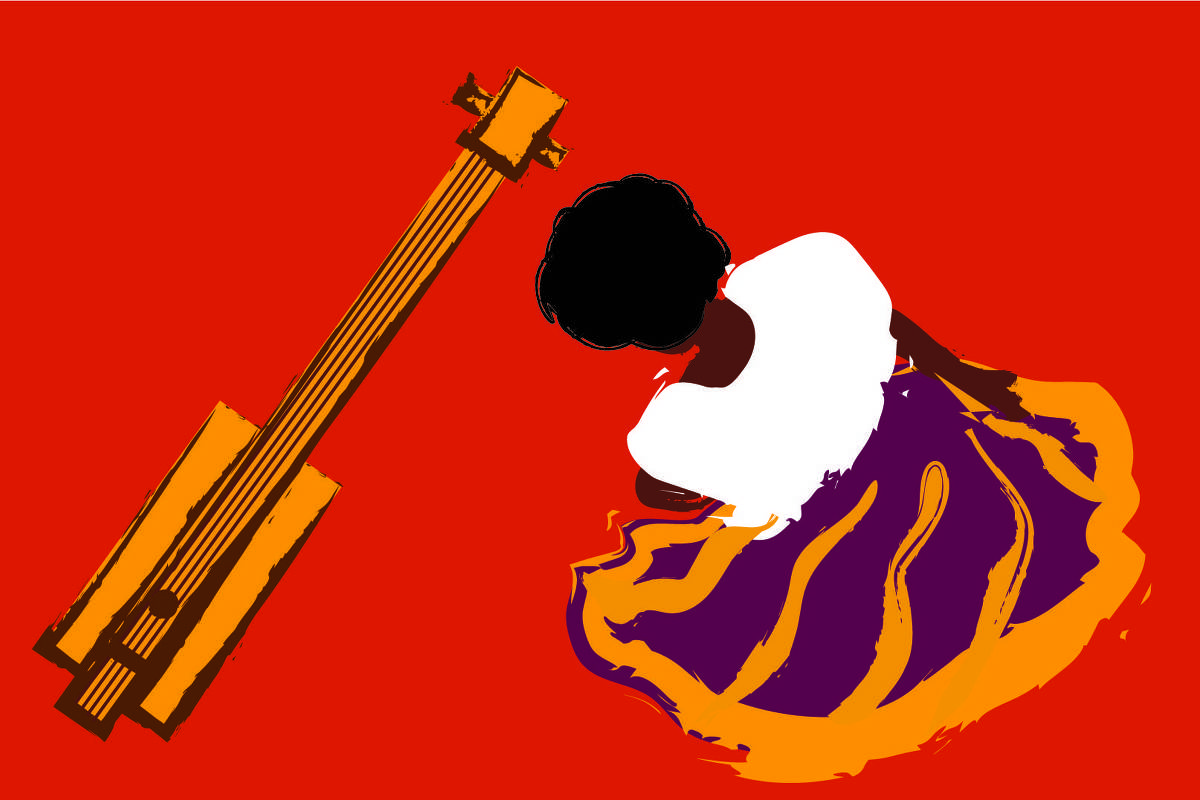 Ilustração de fundo vermelho claro. À esquerda uma imagem da viola de buriti (instrumento exclusivo da região de Jalapão, Tocantins, como citado no texto) e à direita uma figura feminina dançando Suça, dança tradicional também pertencente à região citada e visitada pela autora.