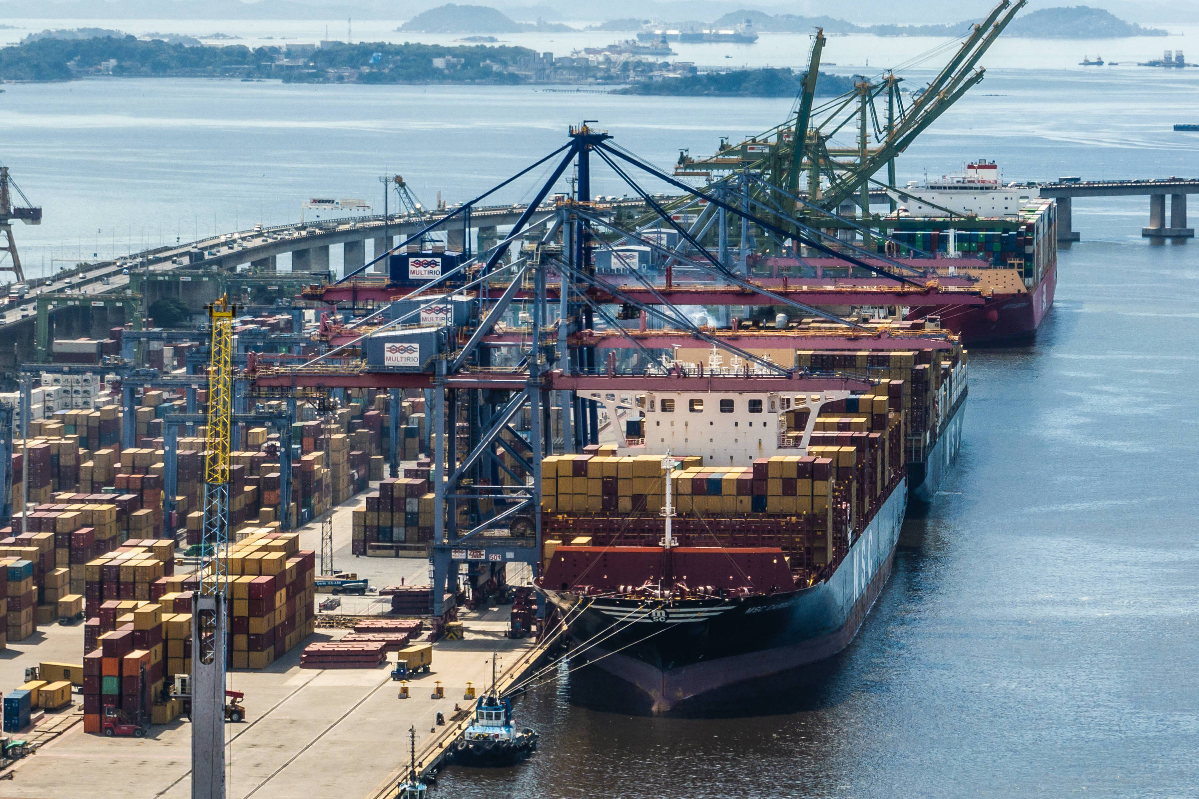 A imagem mostra um porto movimentado com vários navios de carga atracados. Há contêineres empilhados ao longo do cais e guindastes operando para carregar e descarregar mercadorias. O cenário é complementado por uma vista de montanhas ao fundo e um céu claro.