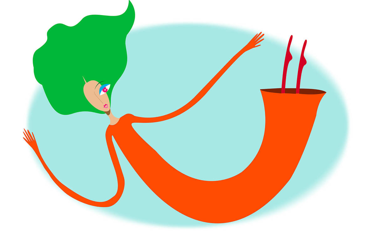 A imagem apresenta uma figura estilizada com cabelo verde e corpo laranja. A figura está em uma pose dinâmica, com um braço estendido e a outra mão levantada. O rosto tem um olho colorido e a boca levemente aberta. O fundo é de um tom azul claro, criando um contraste com as cores vibrantes da figura.