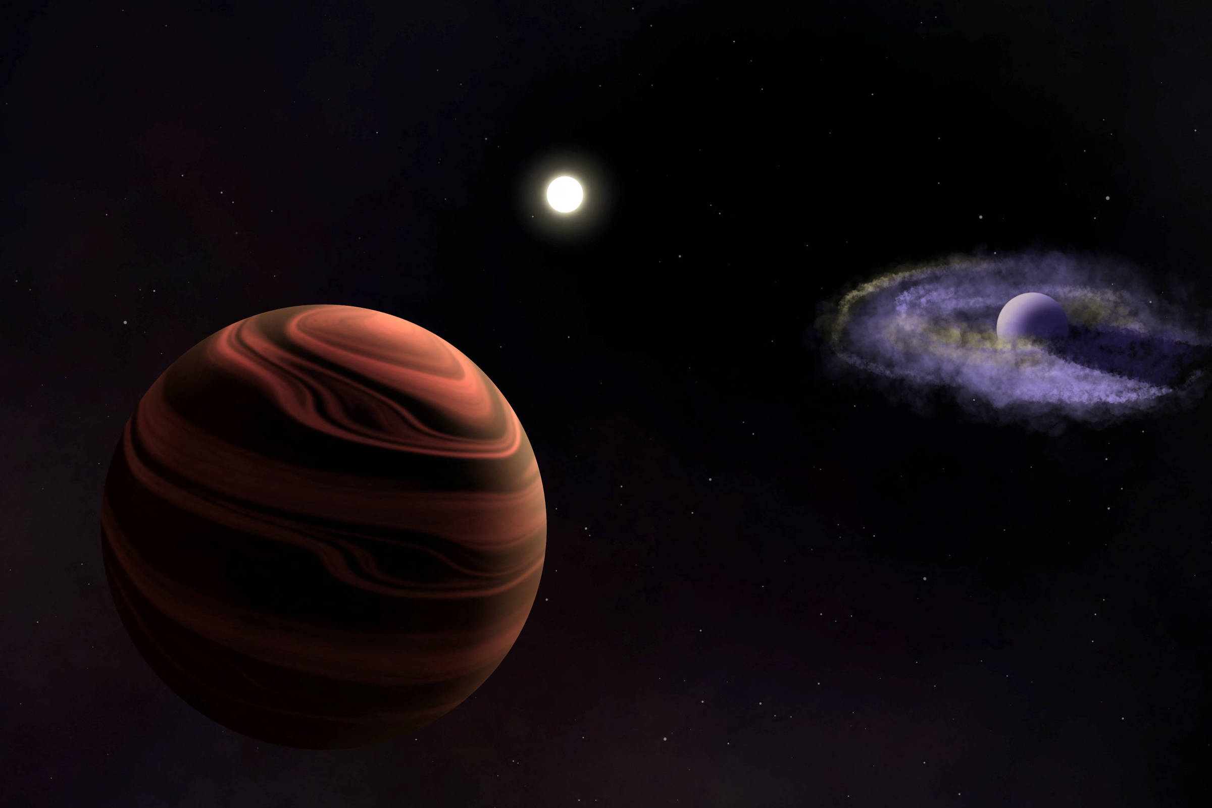 A imagem mostra um cenário espacial com um grande planeta de tons avermelhados e listras escuras à esquerda. À direita, há uma estrela brilhante e uma nebulosa em forma de anel ao redor de um corpo celeste menor. O fundo é escuro, pontilhado de estrelas.