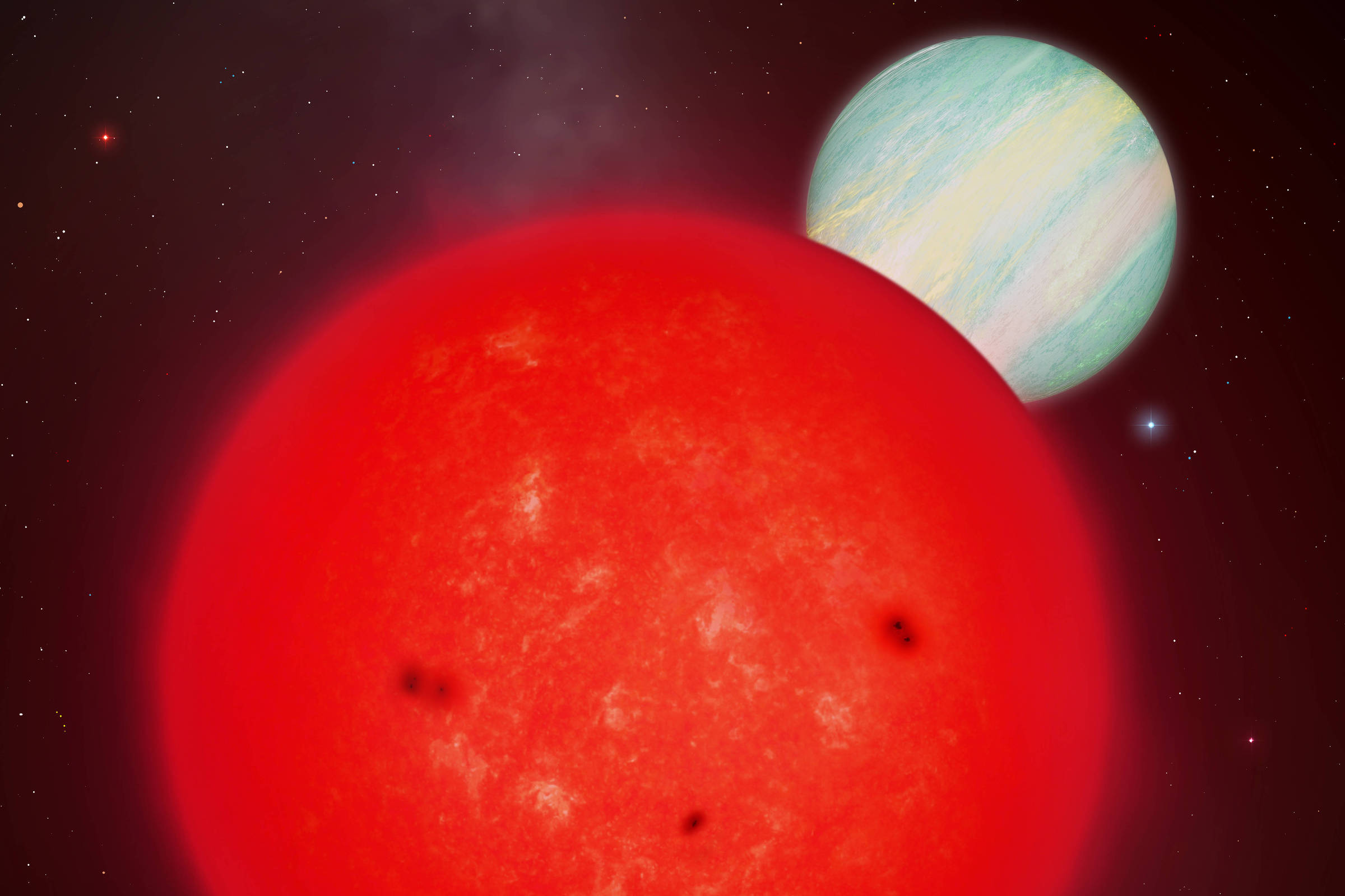 Concepção artística de uma estrela anã vermelha orbitada por um planeta gigante