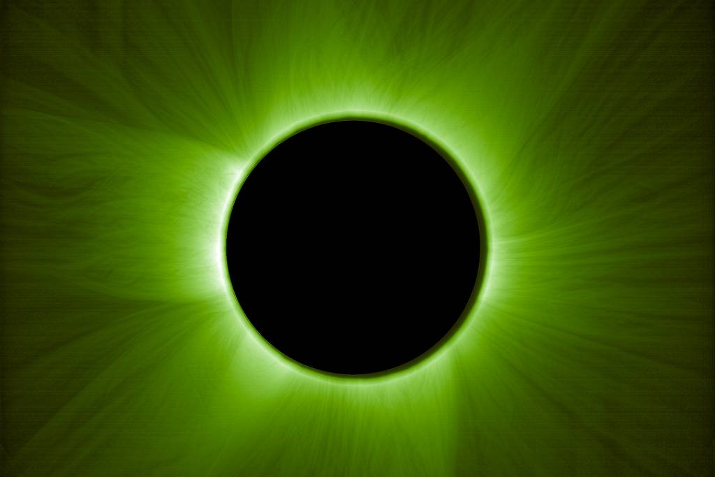 A imagem mostra um eclipse solar, onde a lua cobre completamente o sol, criando um círculo negro no centro. Ao redor do círculo negro, há uma aura verde que representa a coroa solar visível durante o eclipse.