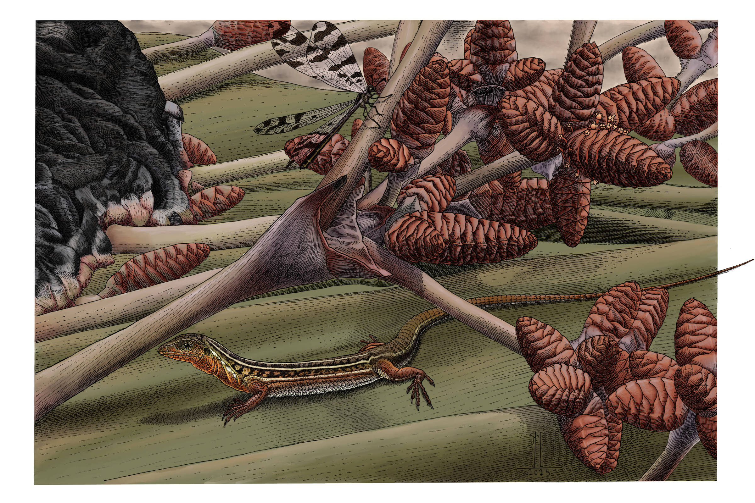 A imagem apresenta um cenário natural com um lagarto em primeiro plano, que possui uma coloração listrada. Ao fundo, há uma planta com estruturas semelhantes a cones, além de um inseto voador, possivelmente uma mariposa, pousado sobre as folhas. O ambiente é composto por tons de verde e marrom, criando uma atmosfera de floresta.