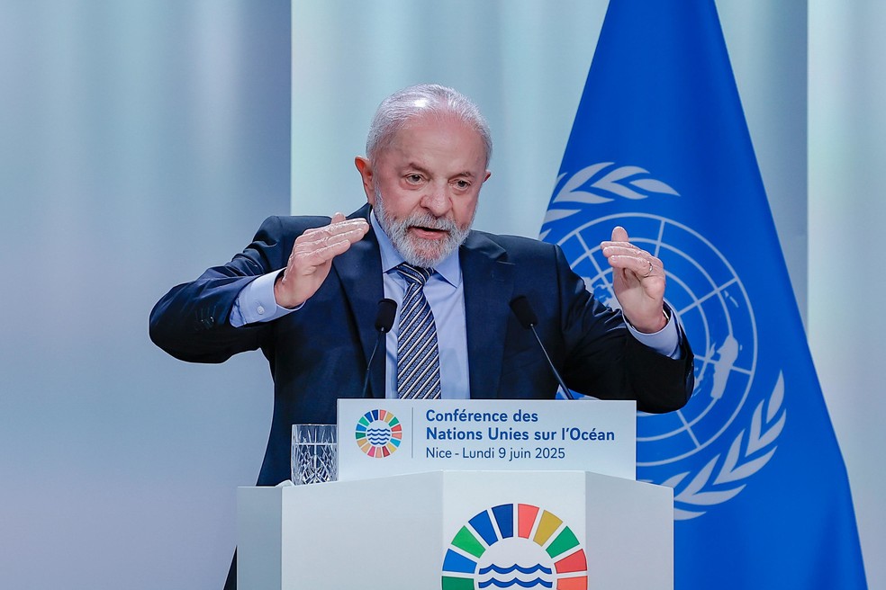 Presidente da República, Luiz Inácio Lula da Silva discursa na Conferência das Nações Unidas sobre os Oceanos (UNOC 3), em Nice, na França — Foto: Ricardo Stuckert/PR