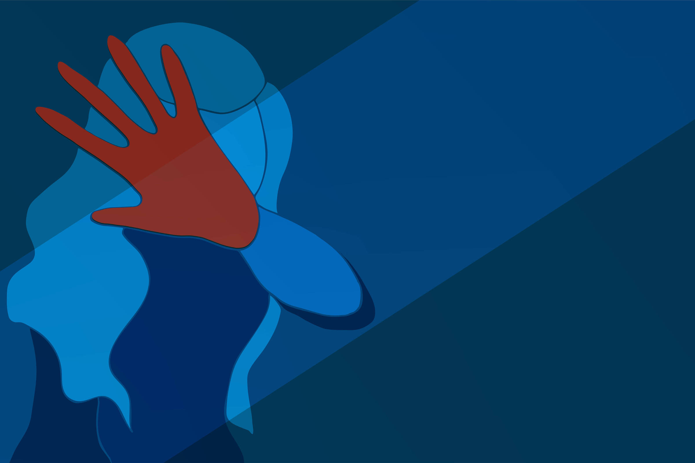 A imagem mostra uma figura humana estilizada em tons de azul, com uma mão vermelha cobrindo o rosto, simbolizando a violação da privacidade e o impacto emocional do vazamento de dados de pacientes de cirurgia plástica. O gesto de cobrir o rosto pode representar a angústia e o desejo de proteção das vítimas, principalmente mulheres, que tiveram suas informações pessoais expostas sem consentimento. O fundo azul escuro e o padrão diagonal criam um ambiente sombrio, refletindo a gravidade da situação e a sensação de vulnerabilidade das afetadas pelo vazamento.