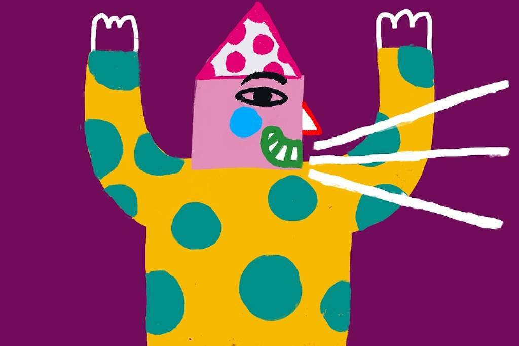 A imagem apresenta um personagem estilizado com um corpo amarelo coberto de grandes bolinhas verdes. Ele tem uma cabeça rosa com um chapéu triangular decorado com bolinhas brancas e vermelhas. O personagem está com os braços levantados e uma expressão facial alegre, mostrando um sorriso e um olho. Saem três linhas brancas da boca, sugerindo que ele está fazendo algum tipo de som ou expressão. O fundo é de uma cor roxa sólida.