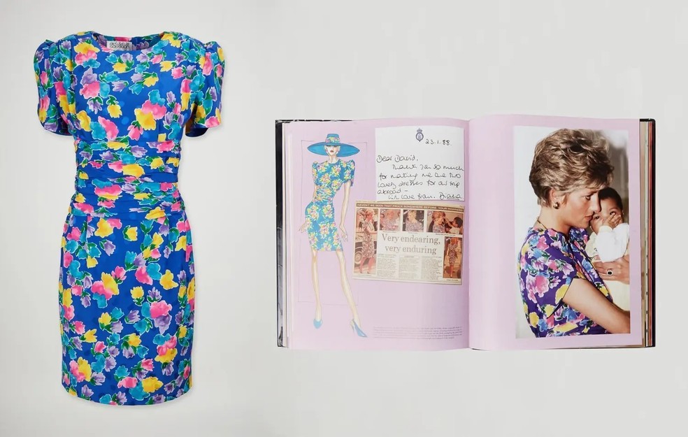 "Vestido do cuidado"usado pela Princesa Diana, foi leiloado por US$ 520 mil — Foto: Divulgação/Julien's Auctions