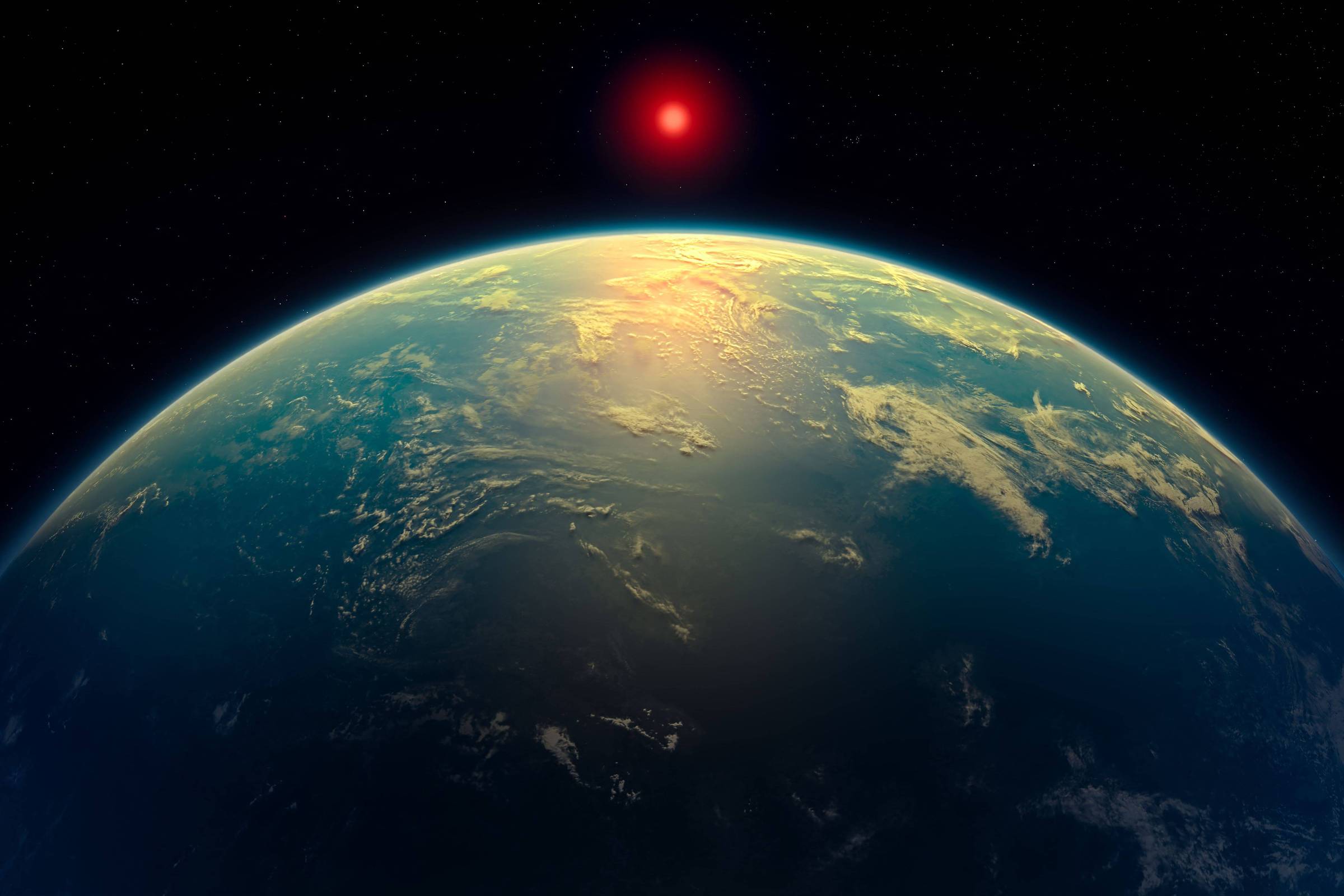 A imagem mostra uma vista da Terra a partir do espaço, com a superfície do planeta visível em tons de azul e verde. No horizonte, há um sol vermelho brilhante, contrastando com o fundo escuro do espaço. Estrelas podem ser vistas ao redor, criando um ambiente cósmico.