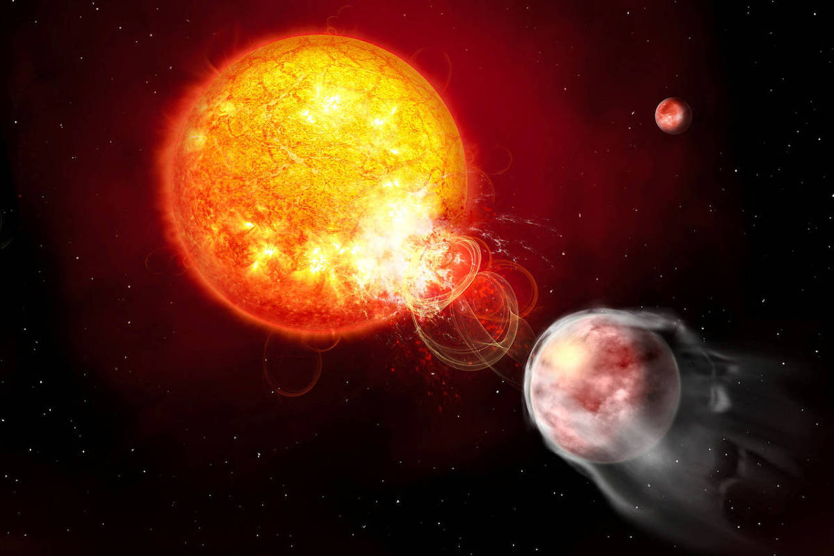 A imagem mostra uma representação artística de uma explosão, com uma estrela brilhante e laranja no centro, emitindo chamas e radiação. À direita, há um planeta maior está se afastando, com uma aparência nebulosa e uma cauda que sugere movimento. O fundo é escuro, pontilhado de estrelas.