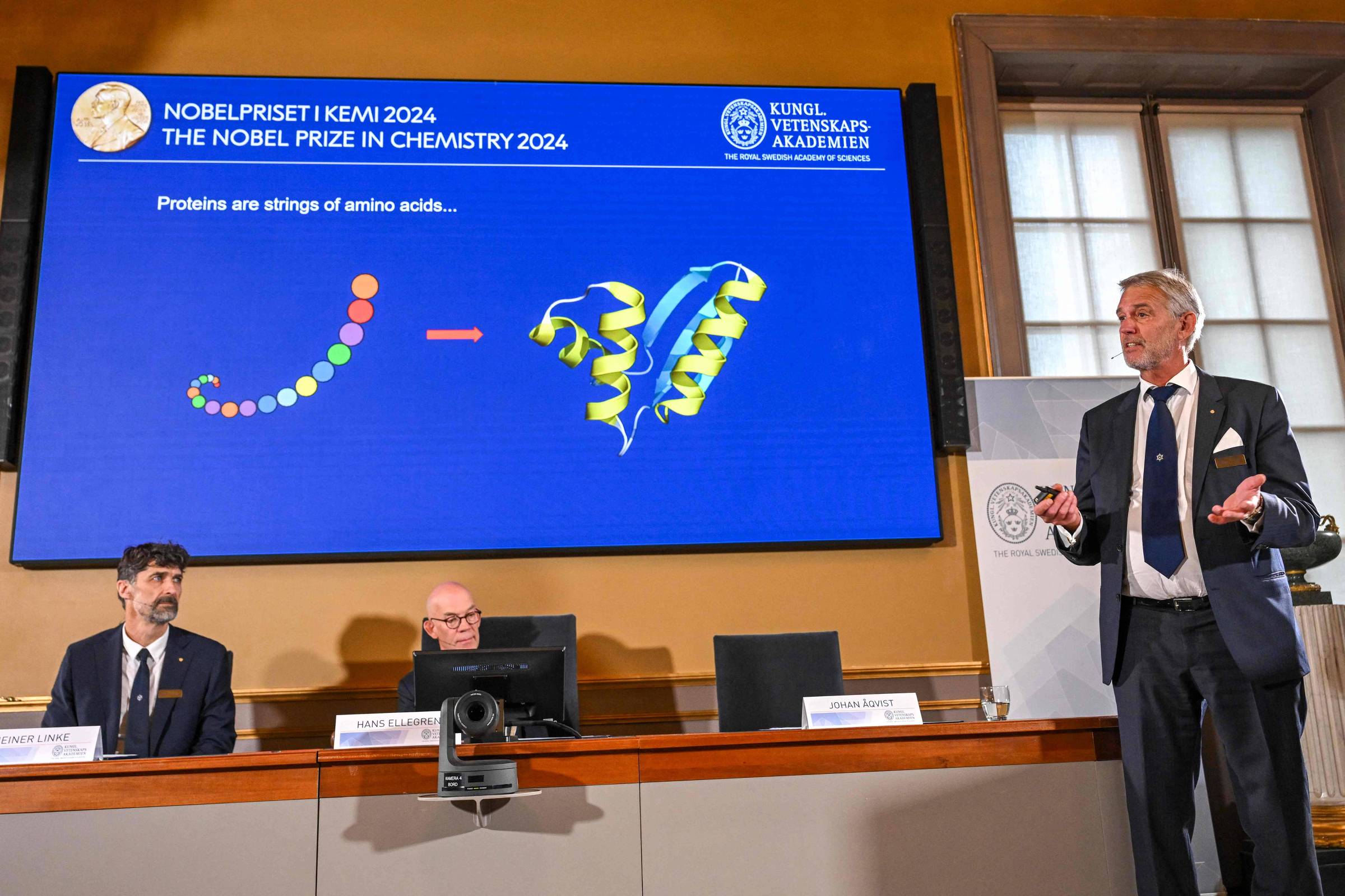 A imagem mostra uma apresentação sobre o Prêmio Nobel de Química 2024. Um homem está de pé ao lado de um telão que exibe uma ilustração de proteínas, representadas como cadeias de aminoácidos, e uma estrutura tridimensional de uma proteína. Na mesa à frente, há dois homens sentados, um deles com um olhar atento e o outro escrevendo. O ambiente parece ser uma sala de conferências.