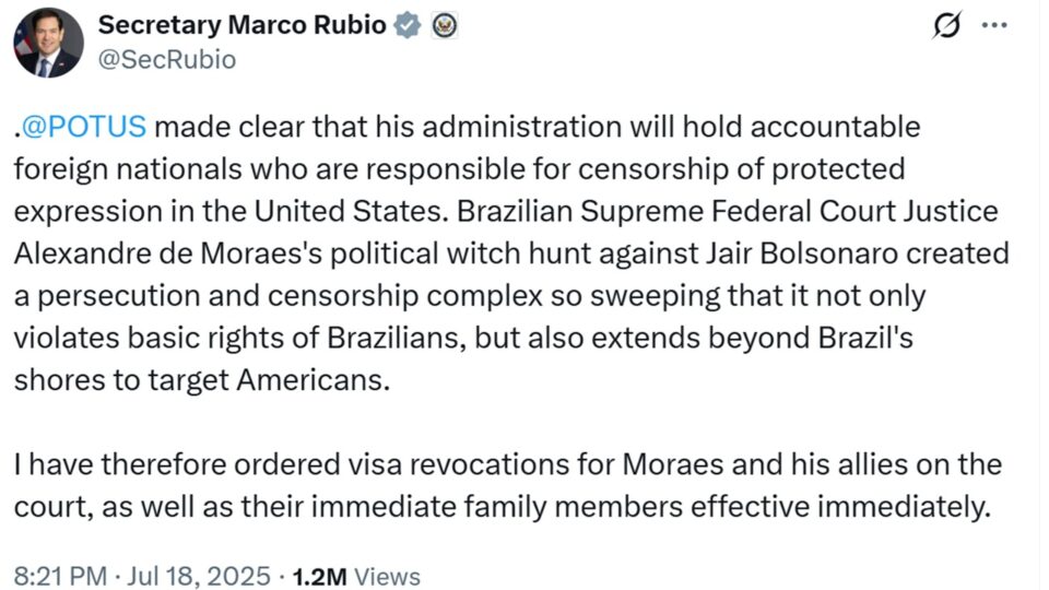 Governo Trump revoga vistos de Moraes e “aliados” dele no STF