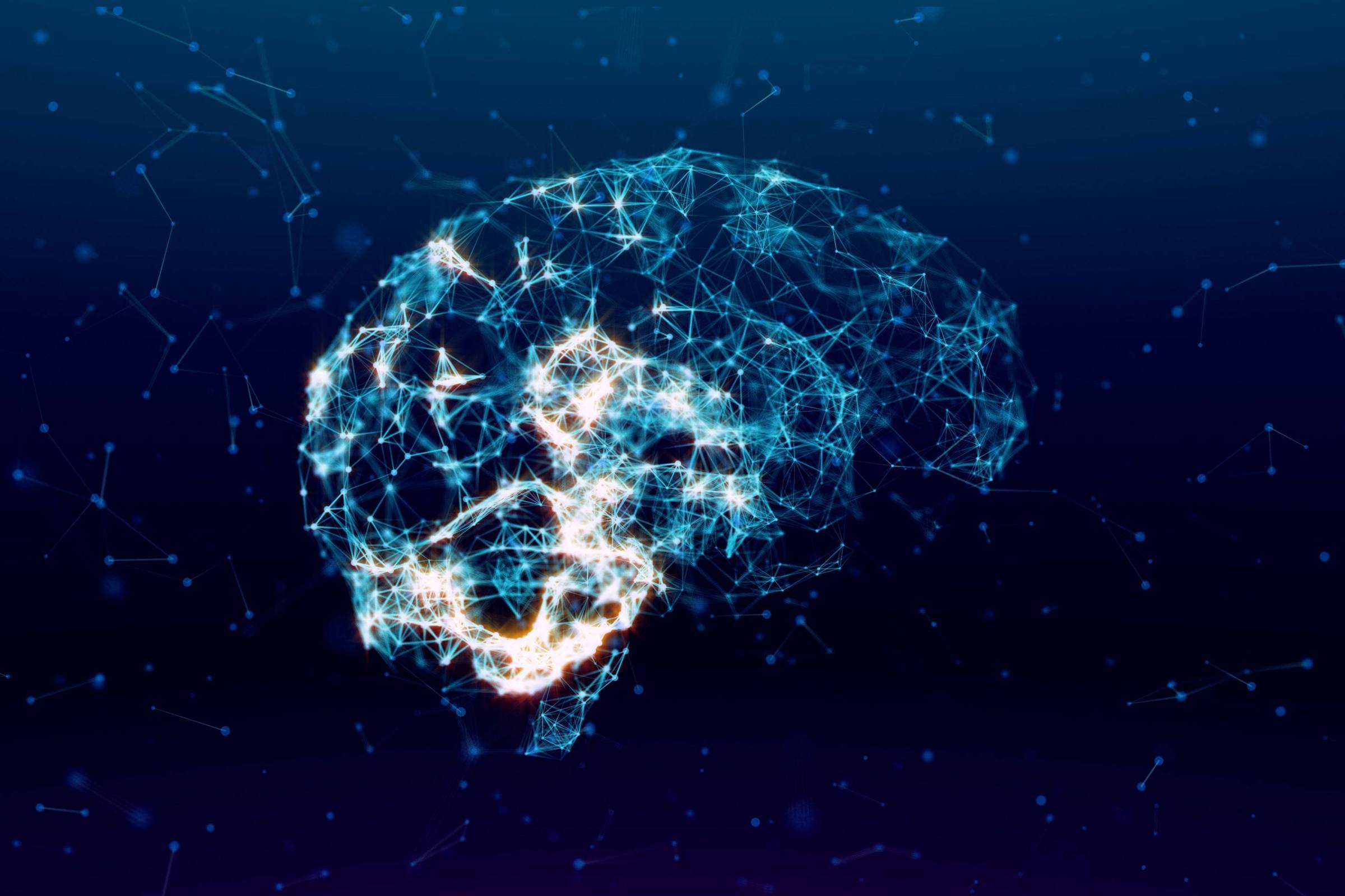 A imagem apresenta uma representação digital de um cérebro, formado por uma rede de linhas e pontos luminosos em um fundo azul escuro. As conexões parecem simular a atividade neural, com algumas áreas mais iluminadas, sugerindo um fluxo de informações.