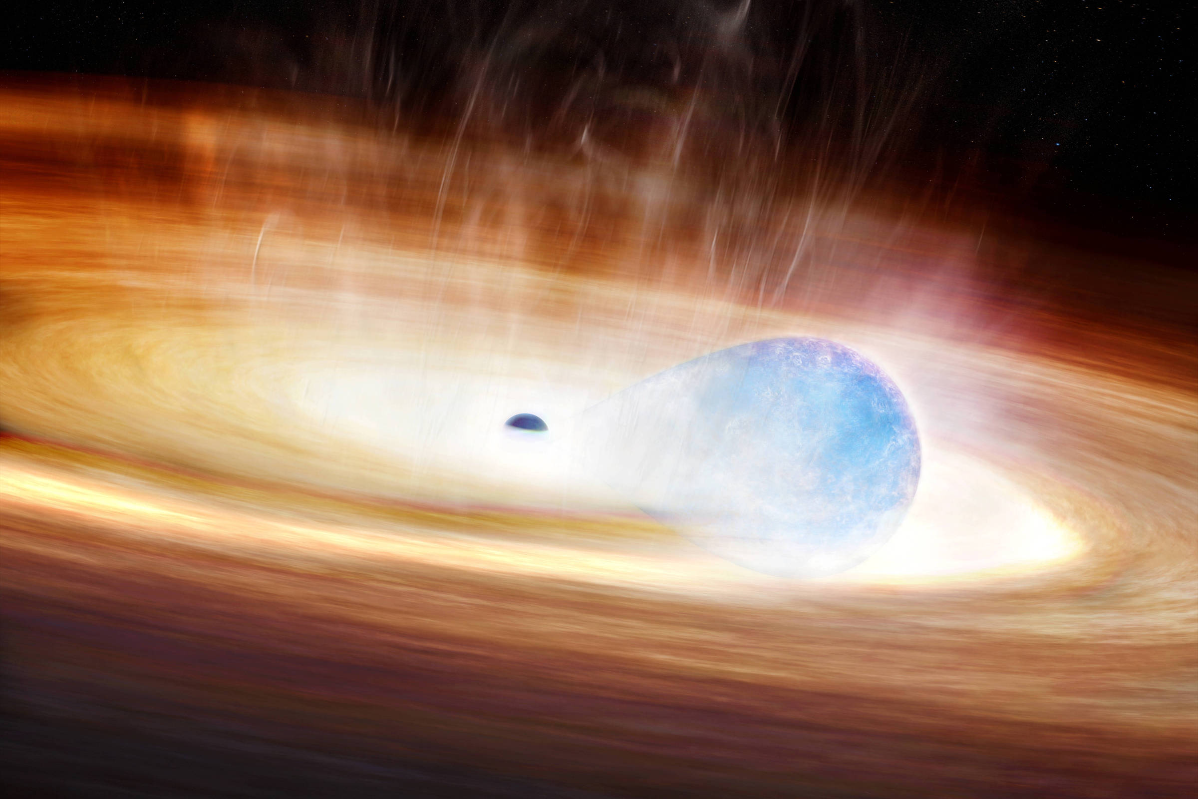 A imagem mostra um disco de acreção em torno de um objeto astronômico, possivelmente uma estrela ou um buraco negro. O disco é composto por material brilhante e gasoso, com uma coloração que varia entre tons de laranja e amarelo. No centro, há um objeto azul, que parece ser uma estrela, e um pequeno corpo escuro próximo a ele, que pode ser um planeta ou uma lua. O fundo é escuro, representando o espaço sideral.