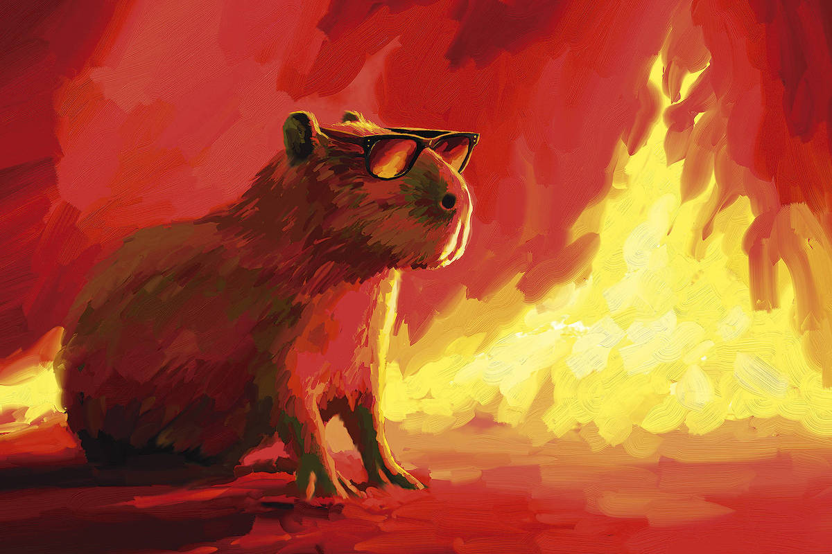 A ilustração de Adams Carvalho, publicada na Folha de São Paulo no dia 03 de Agosto de 2025, mostra o desenho de uma capivara usando óculos escuros frente à um cenário em chamas.