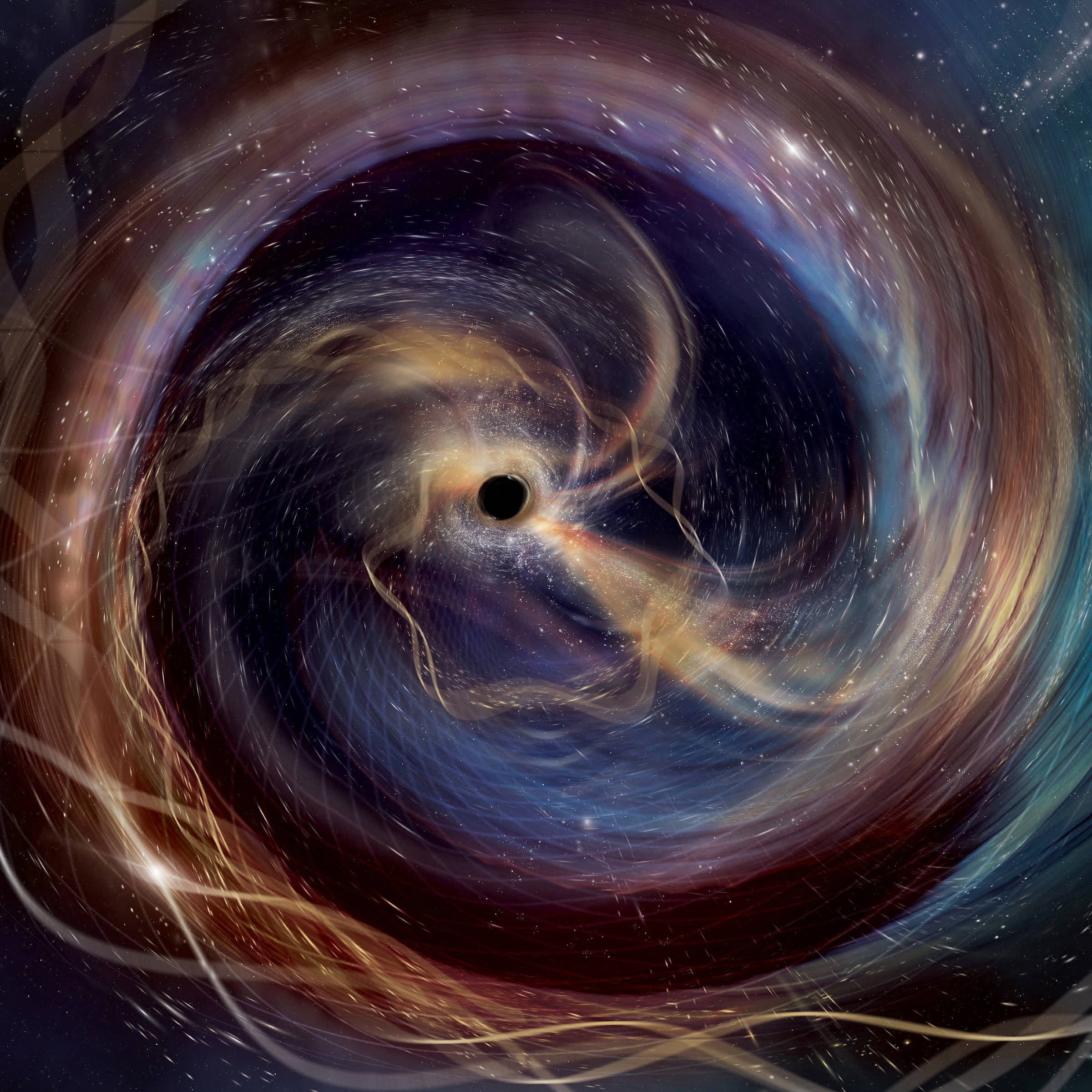 A imagem representa um buraco negro em um fundo cósmico, com um padrão espiral de cores que incluem azul, roxo e dourado. O centro da imagem é escuro, simbolizando o buraco negro, enquanto ao redor há um movimento de luz e partículas que parecem ser puxadas em direção ao centro.