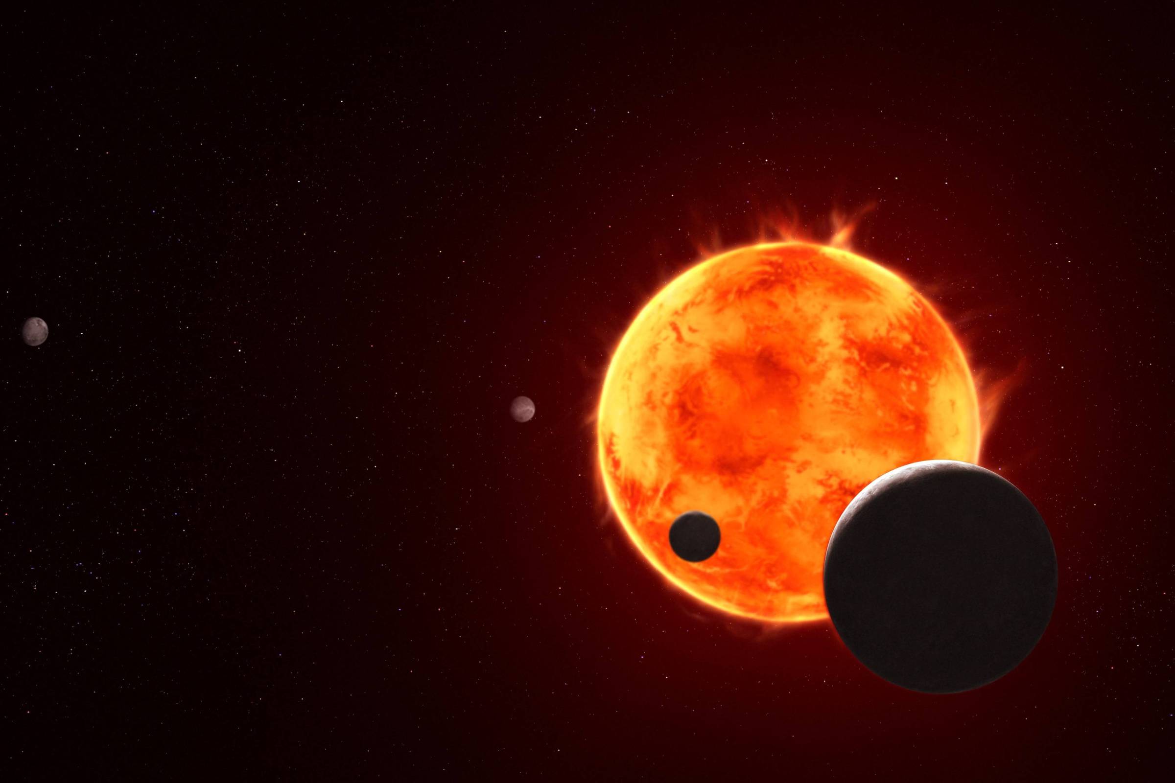 Concepção artística do sistema planetário de Trappist-1, com o planeta e em primeiro plano