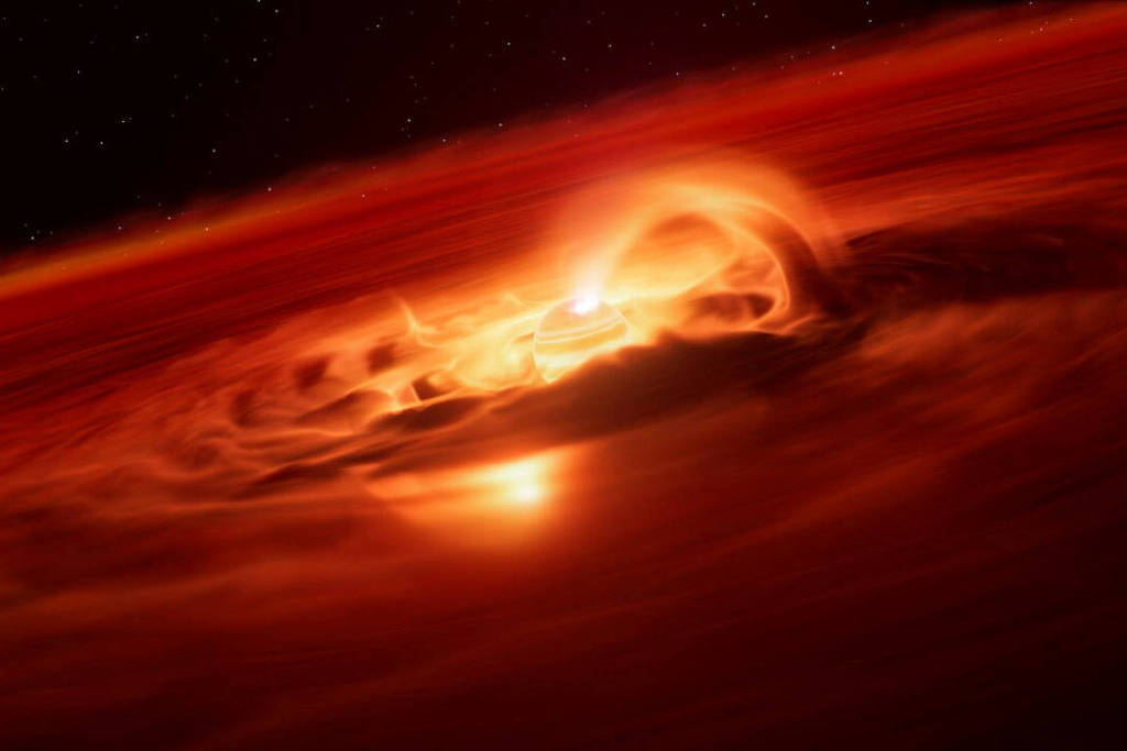 Ilustração mostra planeta cercado por disco  em tons de vermelho e laranja, com gases em movimento ao redor.