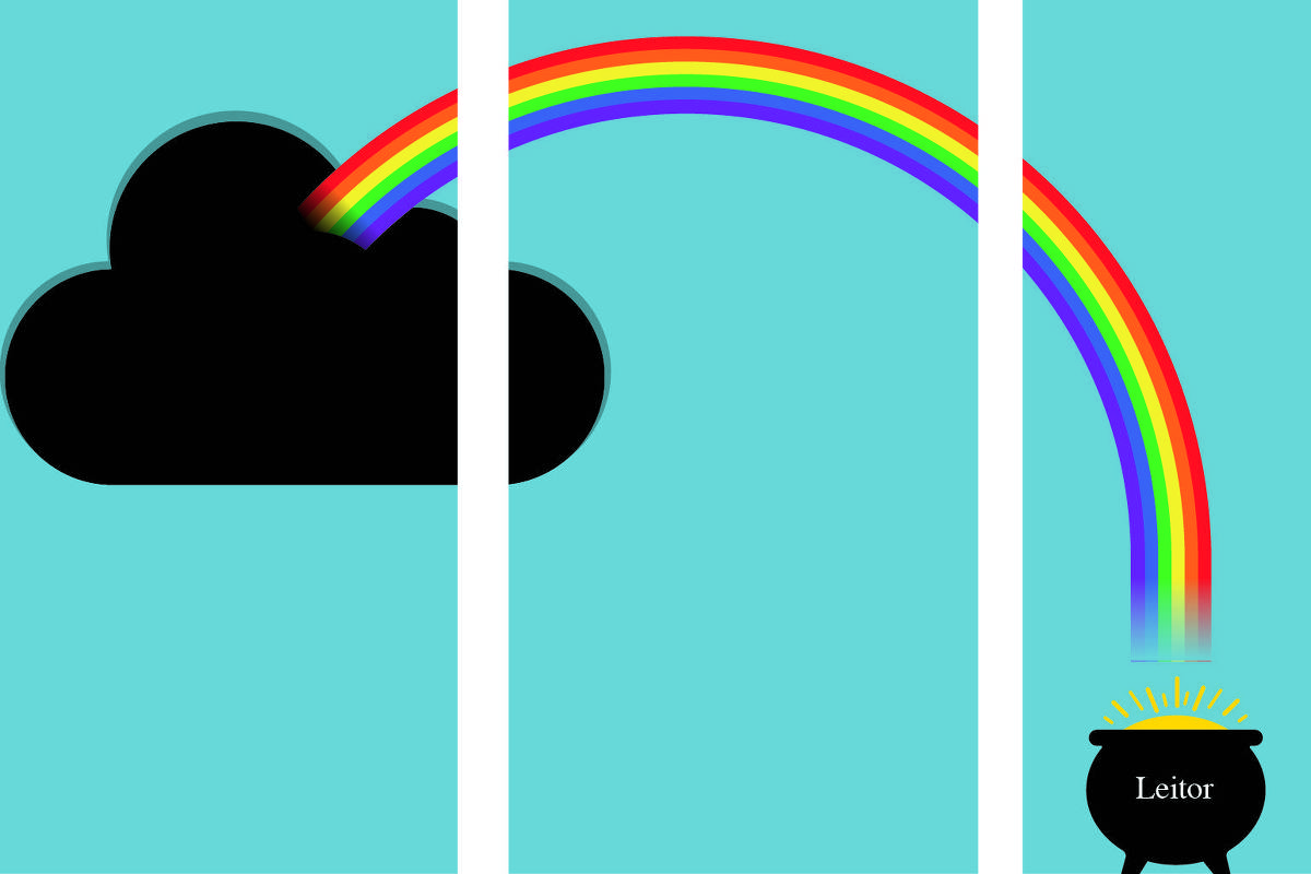 Um arco-íris sai de uma nuvem escura e vai terminar num pote de ouro onde se lê a palavra