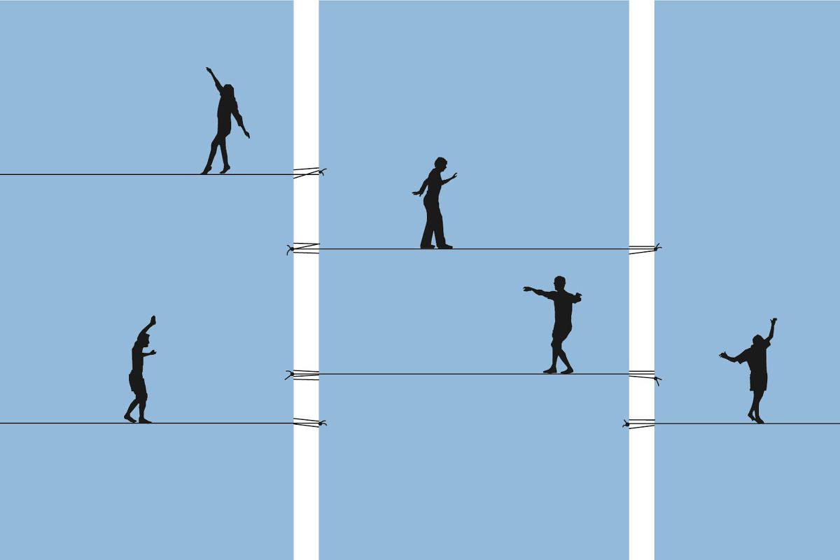Cinco silhuetas de pessoas equilibram-se em cordas esticadas horizontalmente contra fundo azul. As cordas estão dispostas em três níveis verticais, com duas cordas no nível superior, duas no intermediário e uma no inferior. Cada pessoa adota uma postura distinta, com braços estendidos para manter o equilíbrio.