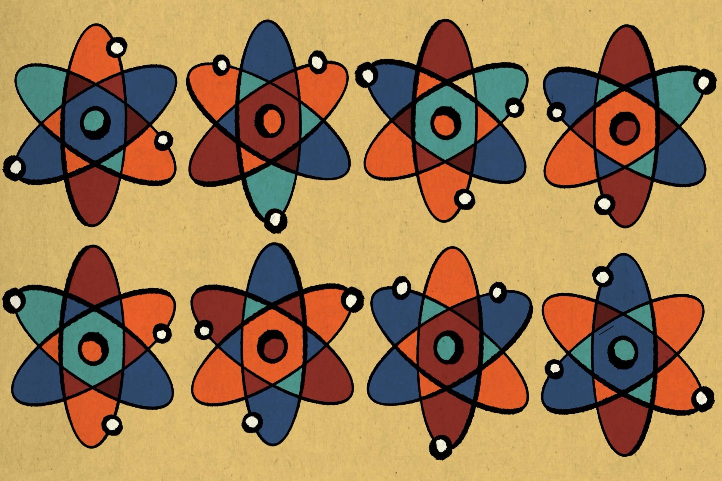 Uma ilustração com padrão repetitivo de átomos estilizados. Cada átomo é composto por órbitas coloridas (vermelho, azul, laranja e verde) com pequenos círculos brancos representando elétrons. O fundo é amarelo claro com textura de papel. A imagem sugere temas de ciência, física ou educação.