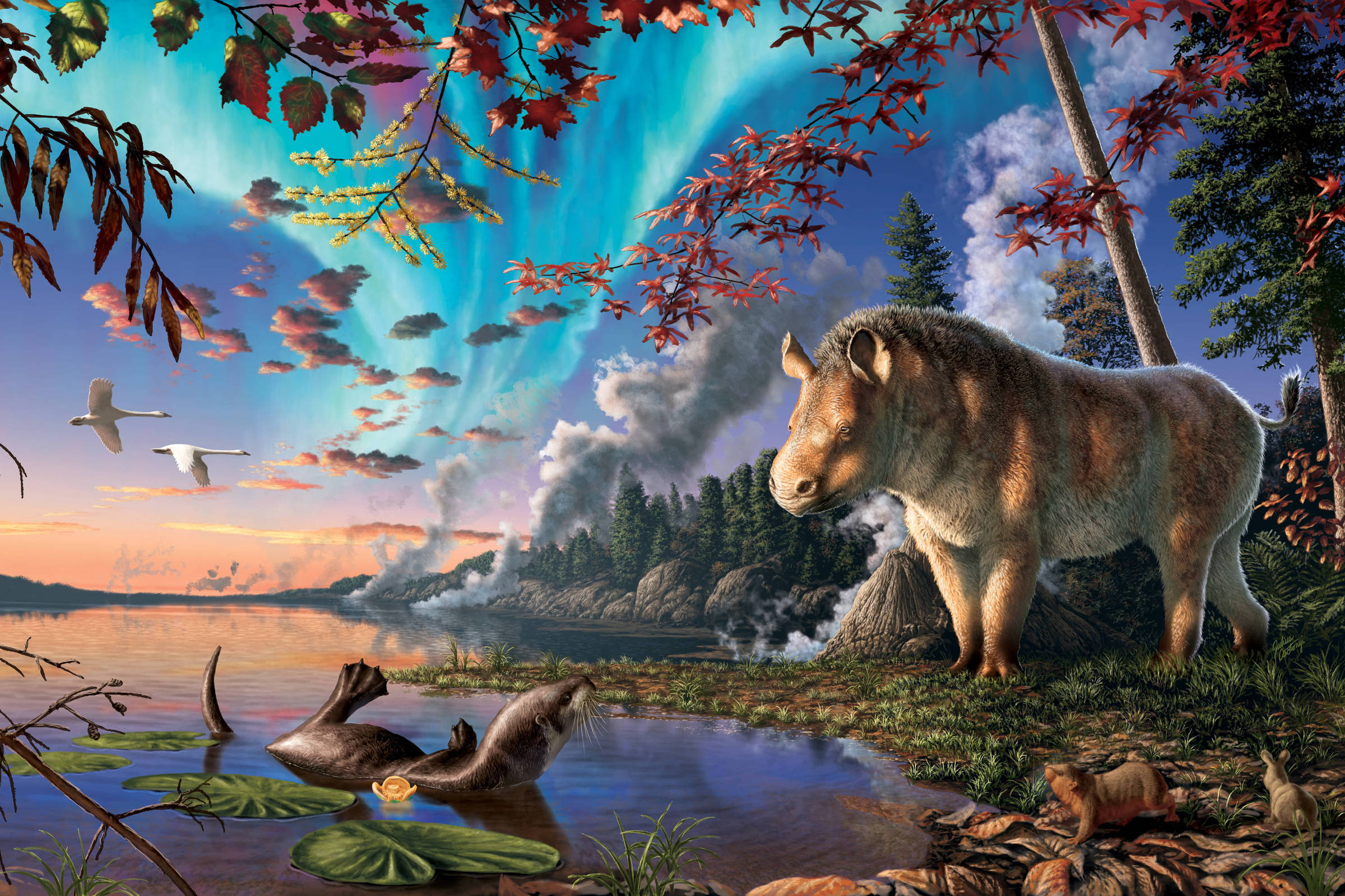 Mamífero grande e peludo em pé próximo à margem de lago com vegetação rasteira. Dois patos nadam na água calma, enquanto três aves voam ao fundo. Céu colorido com nuvens e luz do pôr do sol, árvores altas e fumaça ao longe completam a cena natural.