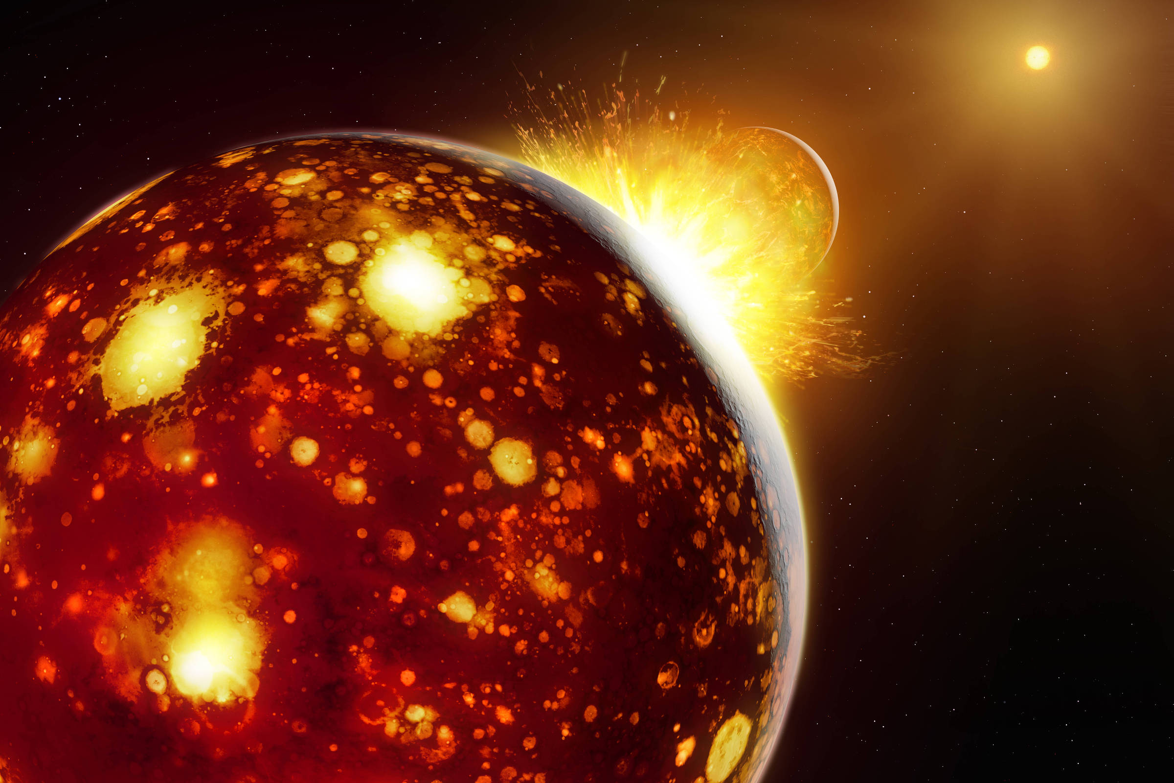 Ilustração mostra dois planetas colidindo em um sistema estelar. Um planeta maior com superfície vermelha e manchas brilhantes está em primeiro plano, enquanto o planeta menor impacta sua borda, gerando explosão luminosa. Estrela amarela brilha ao fundo.
