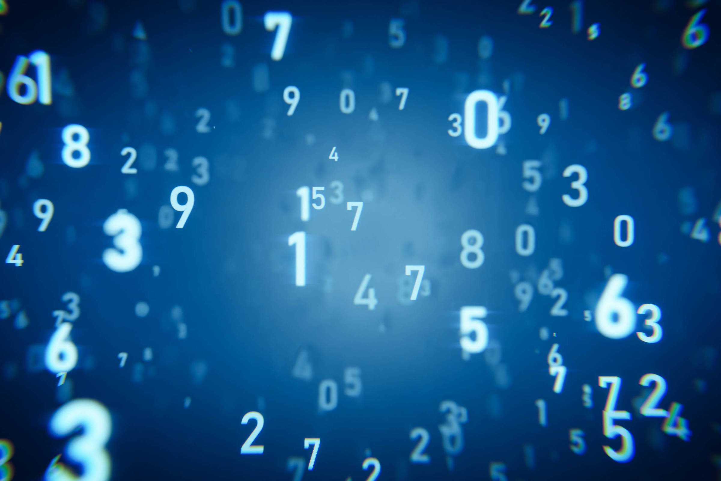 Diversos números brancos e azuis flutuam em diferentes tamanhos sobre um fundo azul desfocado, criando efeito de profundidade e movimento.