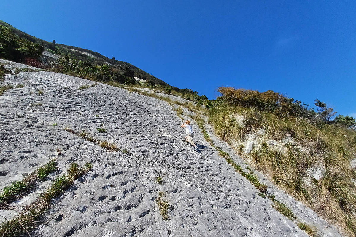 Pessoa vestindo roupa clara sobe encosta rochosa com vegetação esparsa sob céu azul sem nuvens. Vegetação densa aparece no topo e lateral direita da encosta.