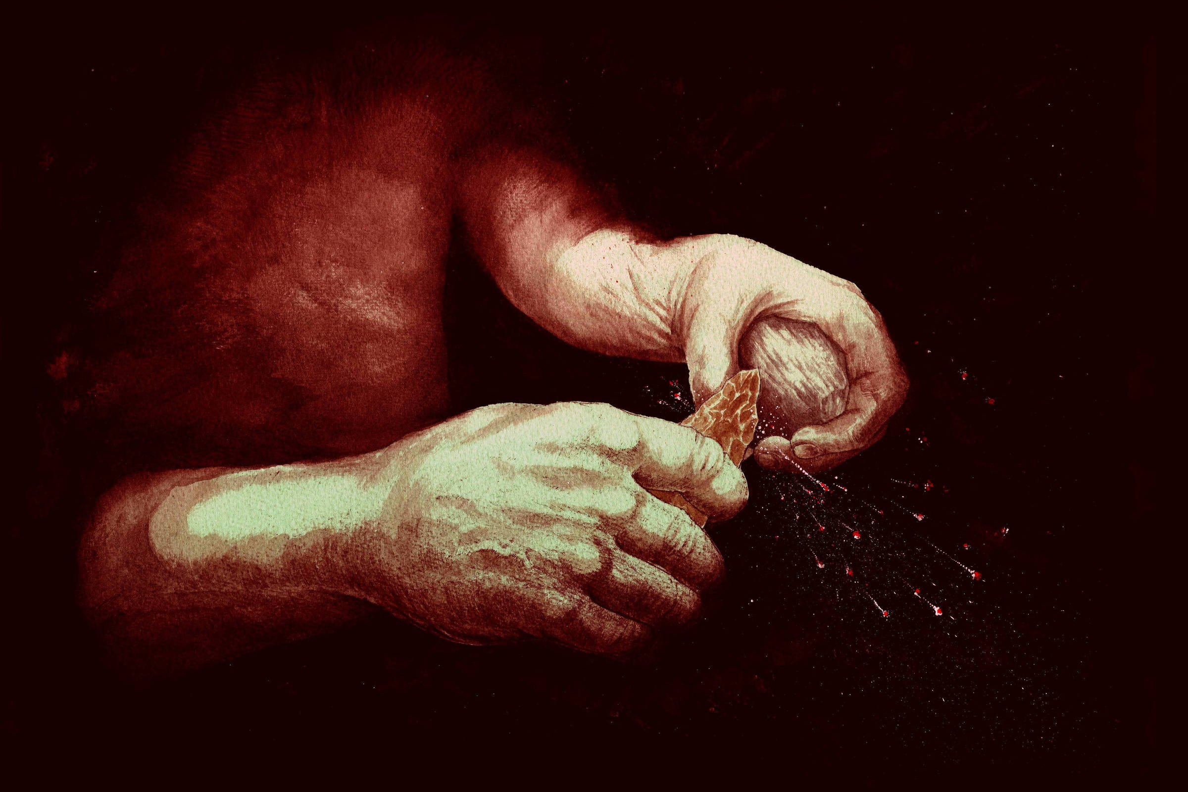 Duas mãos masculinas seguram um objeto pequeno e marrom, de onde saem fios finos e brilhantes. Fundo escuro destaca as mãos e o objeto, com iluminação que realça texturas da pele e do material.