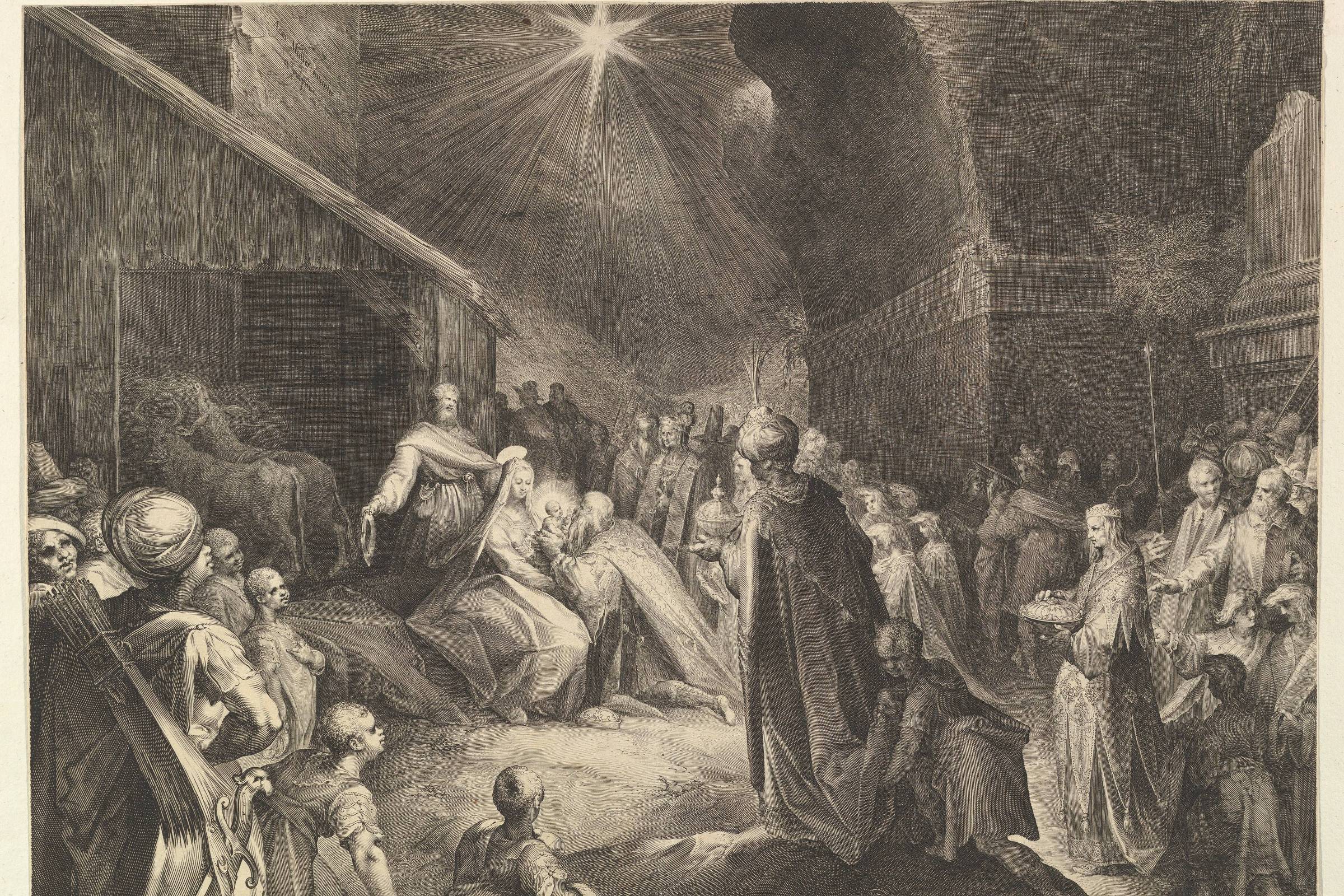 Gravura em preto e branco mostra cena bíblica da Adoração dos Magos. Três reis magos ajoelhados oferecem presentes ao menino Jesus no centro, cercado por Maria e José. Ao redor, várias figuras observam, incluindo soldados e servos, em ambiente arquitetônico antigo com estábulo à esquerda. Estrela brilhante ilumina a cena do topo central.