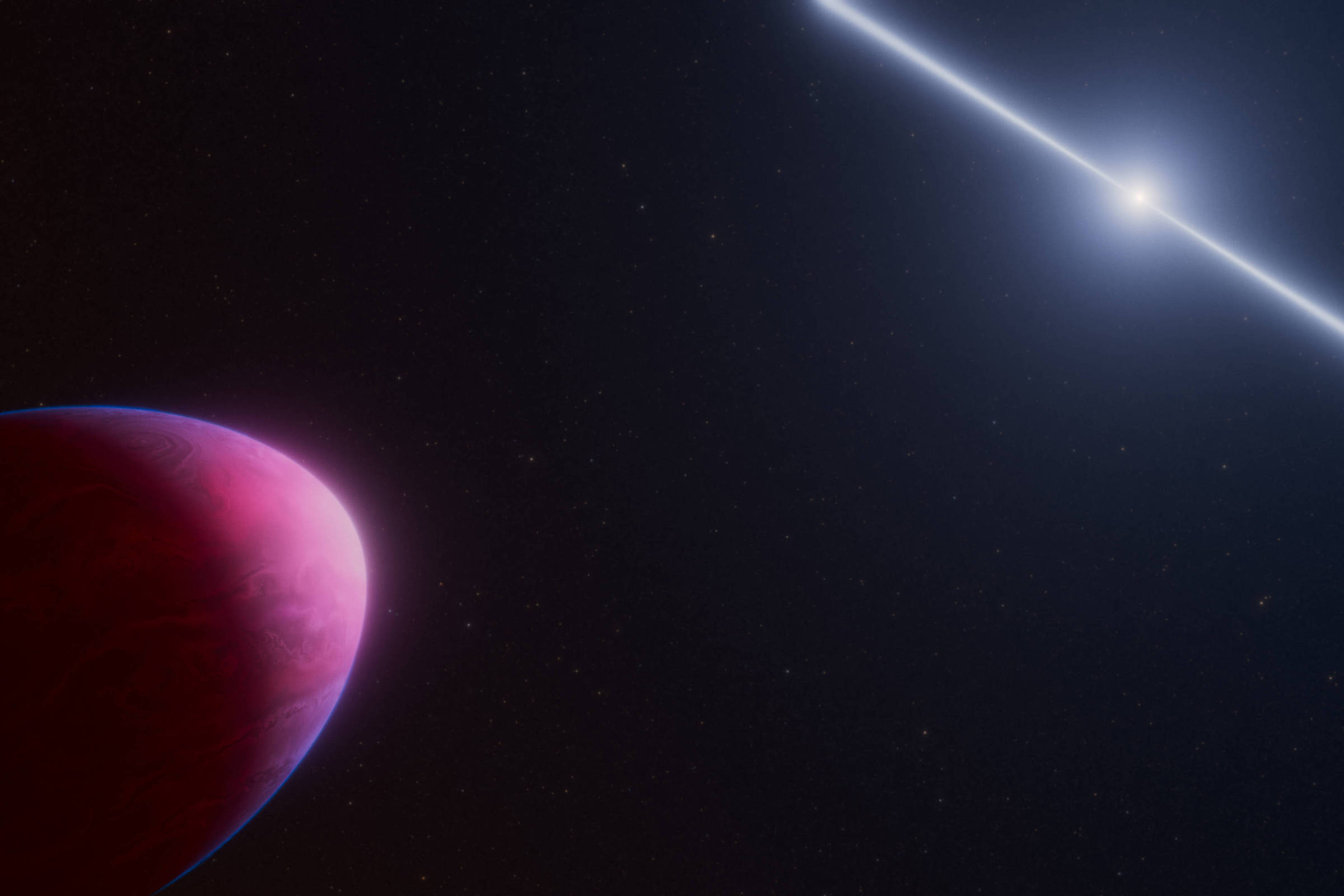 Concepção artística do planeta PSR J2322-2650b orbitando um pulsar, estrela de nêutrons em rápida rotação