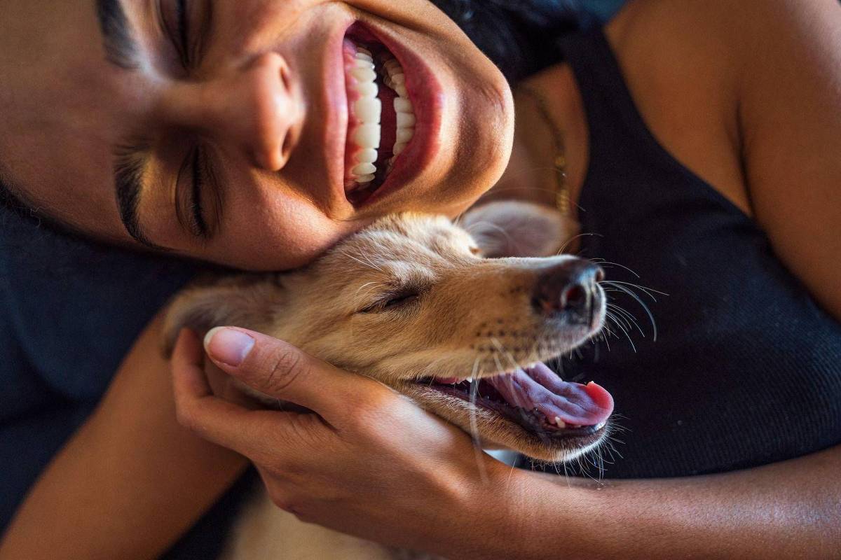 Pessoa de pele morena abraça cachorro pequeno de pelo claro, ambos com olhos fechados e bocas abertas, aparentando sorrir ou bocejar.