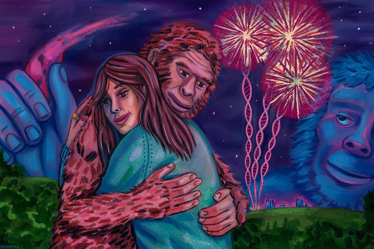 Ilustração mostra um casal abraçado, com o homem de pele avermelhada e peluda e a mulher de cabelos longos castanhos. Ao fundo, fogos de artifício iluminam o céu noturno, e duas figuras fantásticas, uma azul e outra avermelhada, observam a cena. Vegetação verde aparece na parte inferior da imagem.