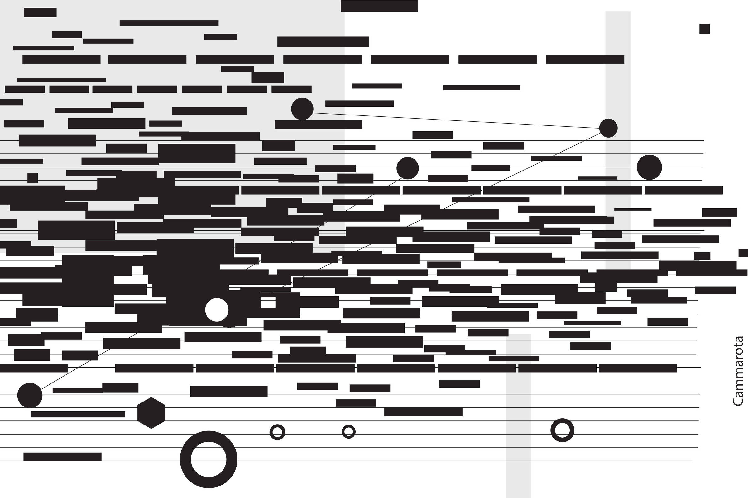 Ilustração de Ricardo Cammarota realizada em técnica digital vetorial, em composição horizontal. Trata-se de uma composição abstrata formada por formas geométricas. O fundo é cinza-claro, com duas faixas verticais mais claras à direita. A imagem utiliza preto, branco e tons de cinza. Diversos retângulos pretos horizontais de diferentes tamanhos aparecem espalhados e sobrepostos pela composição, atravessados por várias linhas horizontais finas paralelas. Entre essas formas surgem alguns círculos pretos conectados por linhas diagonais. Na região inferior aparecem outras formas geométricas sobre as linhas: um círculo preto sólido, um hexágono, três círculos vazados menores e um círculo vazado maior à direita. Um círculo branco sólido aparece na área central inferior, entre os retângulos.