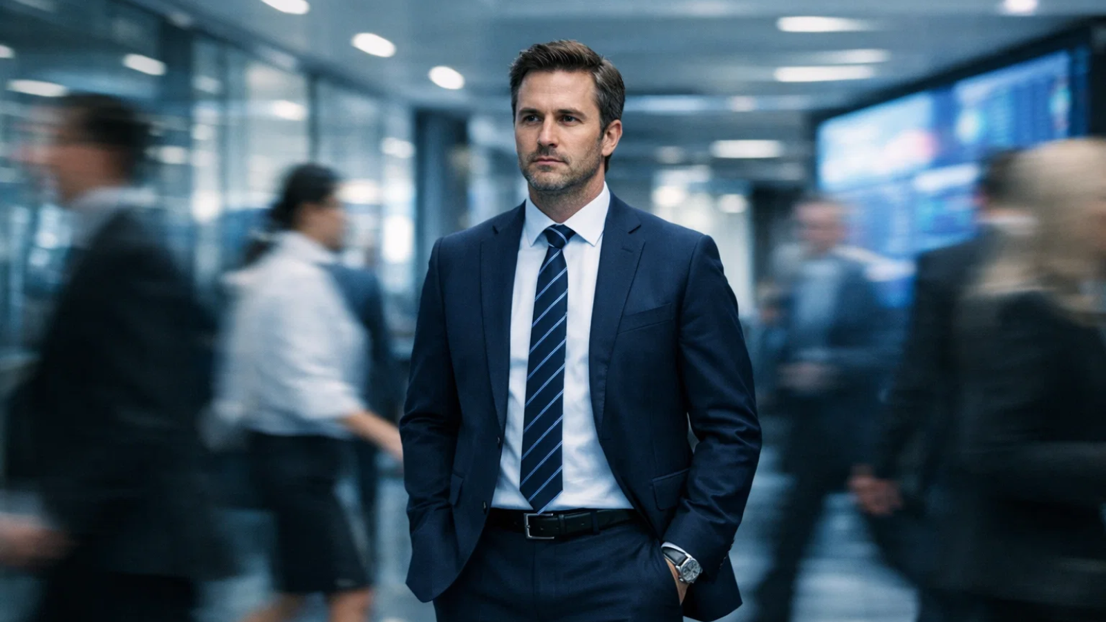 Executivo parado em ambiente corporativo enquanto pessoas ao redor passam em movimento acelerado