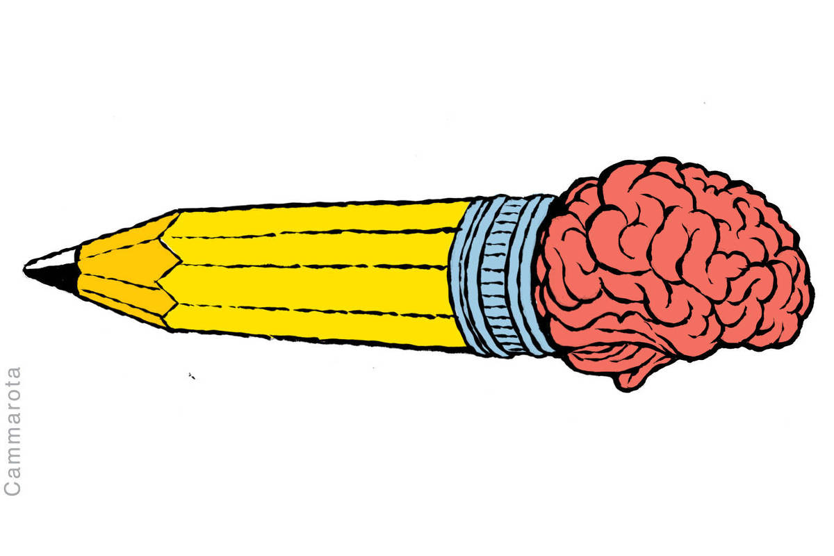 Ilustração de Ricardo Cammarota foi realizada em técnica manual com pincel e nanquim sobre papel e colorizada digitalmente, em composição horizontal. Sobre fundo branco liso, sem textura aparente, ocupa a área central da imagem a figura de um lápis disposto na horizontal, com a ponta voltada para a esquerda. O corpo do lápis é amarelo, dividido por sulcos longitudinais marcados por traço preto. A ponta apresenta madeira em tom bege claro e grafite preto. Na extremidade direita, no lugar da borracha, há a representação de um cérebro humano em tom rosado, contornado por traço preto espesso. Entre o corpo do lápis e o cérebro há uma peça cilíndrica em azul acinzentado, com linhas verticais e horizontais que sugerem o encaixe metálico tradicional de borracha. O cérebro apresenta sulcos e dobras definidos por linhas pretas, com variações de tom rosado indicando volume