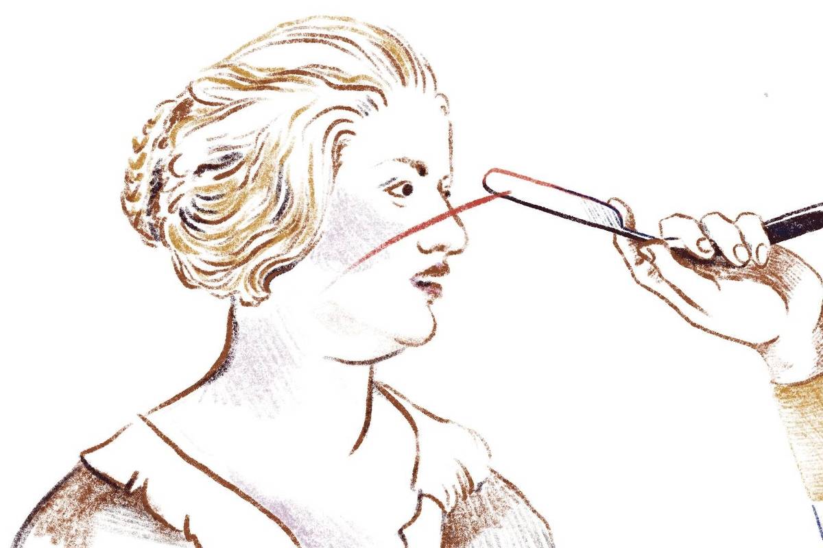 A ilustração apresenta uma cena de uma mulher que se assusta no momento em que uma mão com uma navalha lhe risca o rosto. 