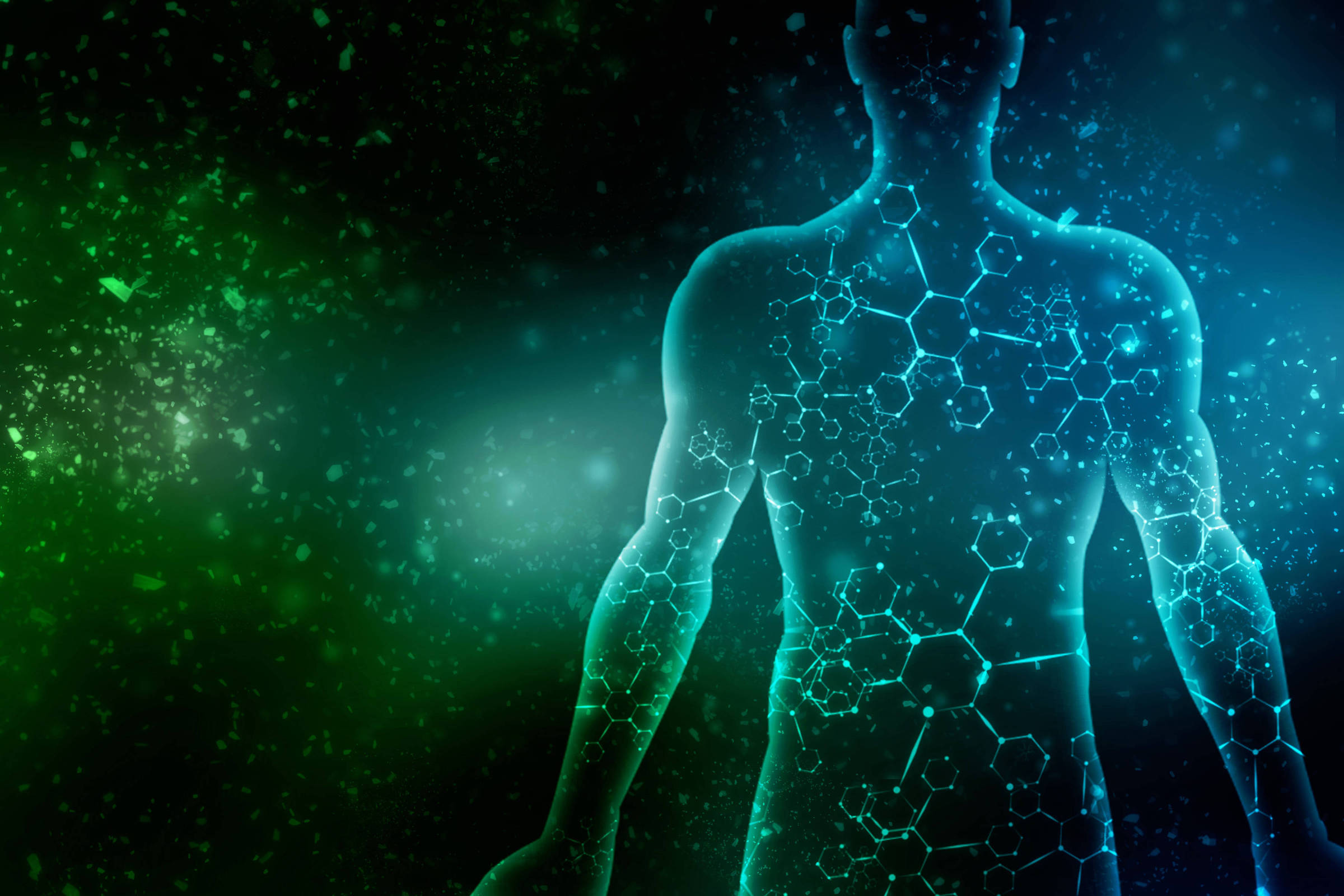 Silhueta azul translúcida de um corpo humano masculino vista de costas, com estruturas moleculares sobrepostas em seu interior, em fundo escuro com partículas verdes e azuis dispersas.