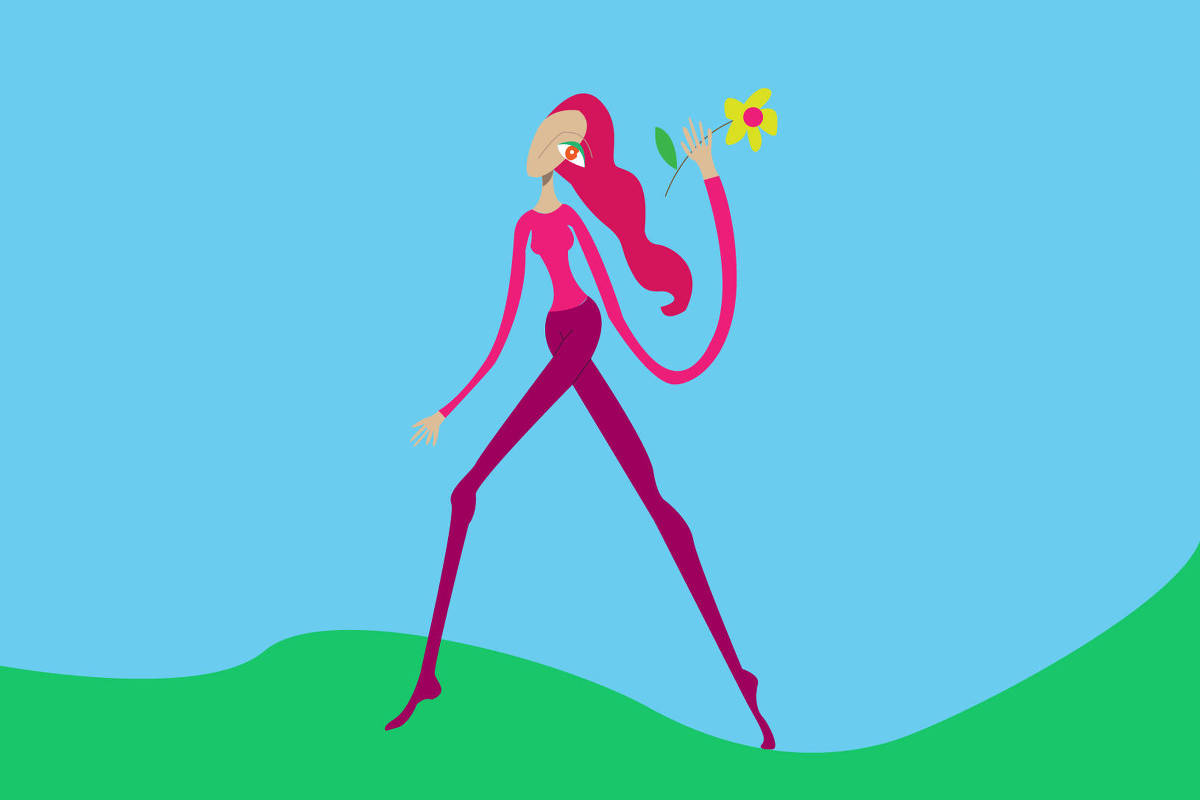 Figura feminina estilizada em tons de rosa e roxo caminha sobre colina verde sob céu azul. Braço direito alongado segura flor amarela com centro rosa.