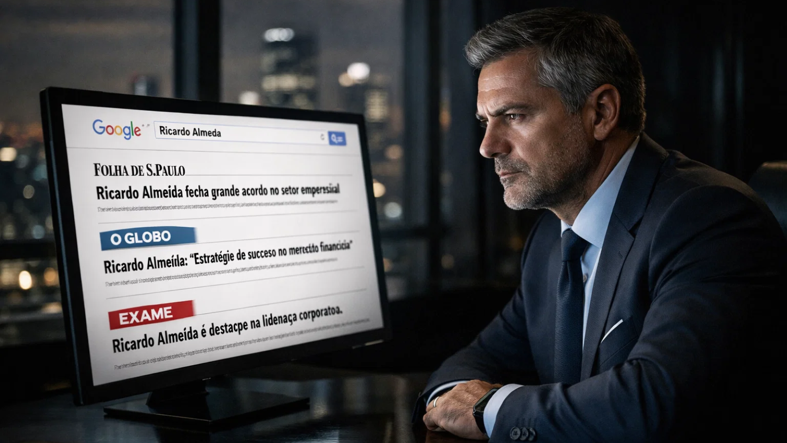 Executivo analisa resultados de busca no Google com matérias publicadas em grandes portais de notícias, refletindo validação e autoridade profissional