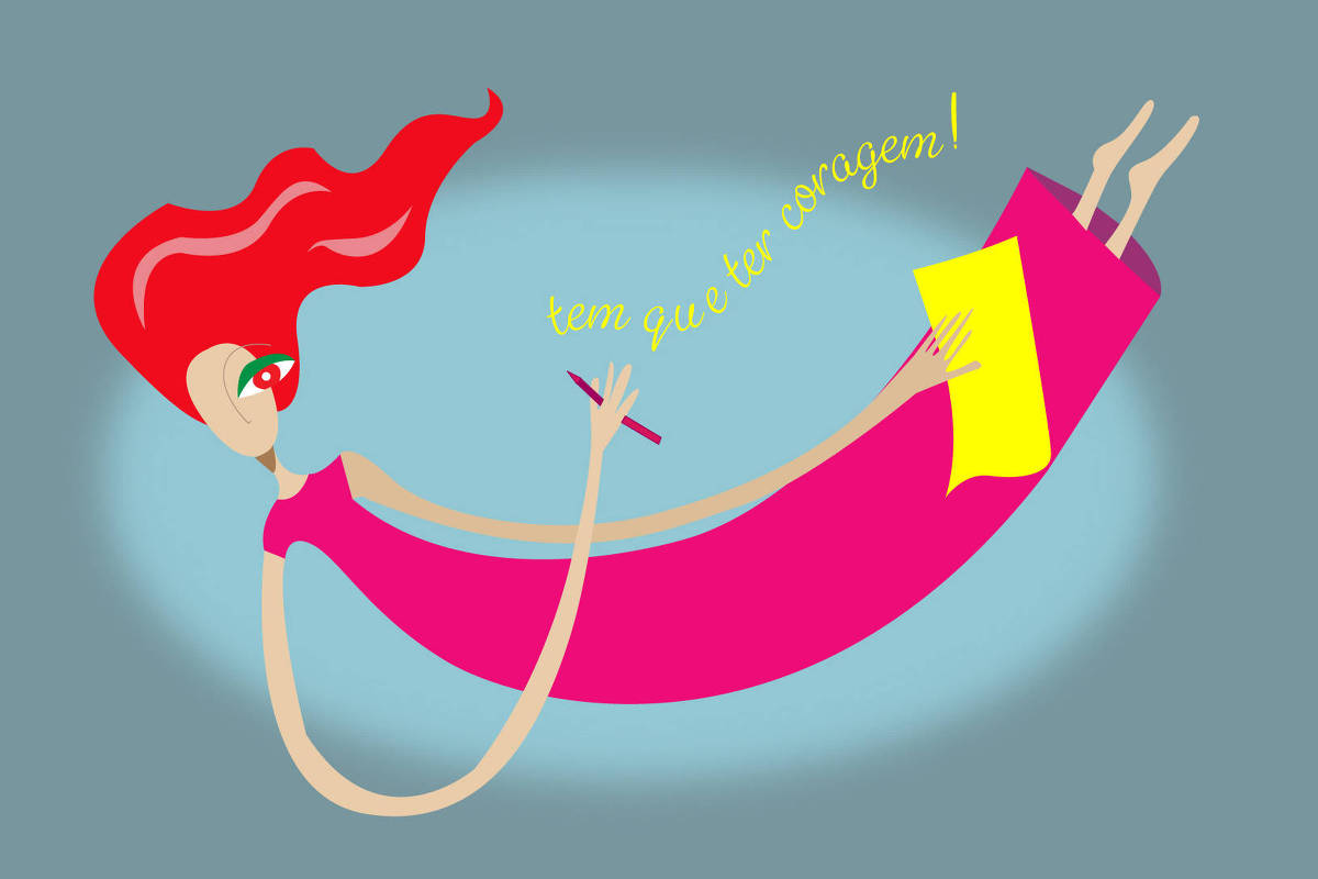 Mulher com cabelo vermelho vibrante e vestido rosa está flutuando em fundo cinza, segurando um lápis e um bloco amarelo. Texto amarelo ao lado diz