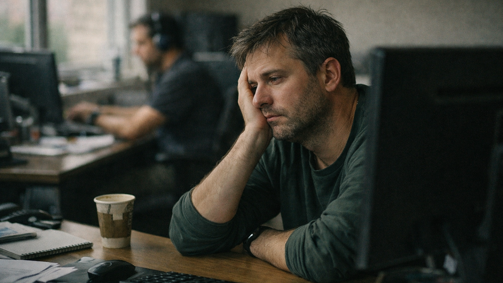 Colaborador com expressão de exaustão apoiado na mesa de trabalho, em ambiente corporativo silencioso e desconectado