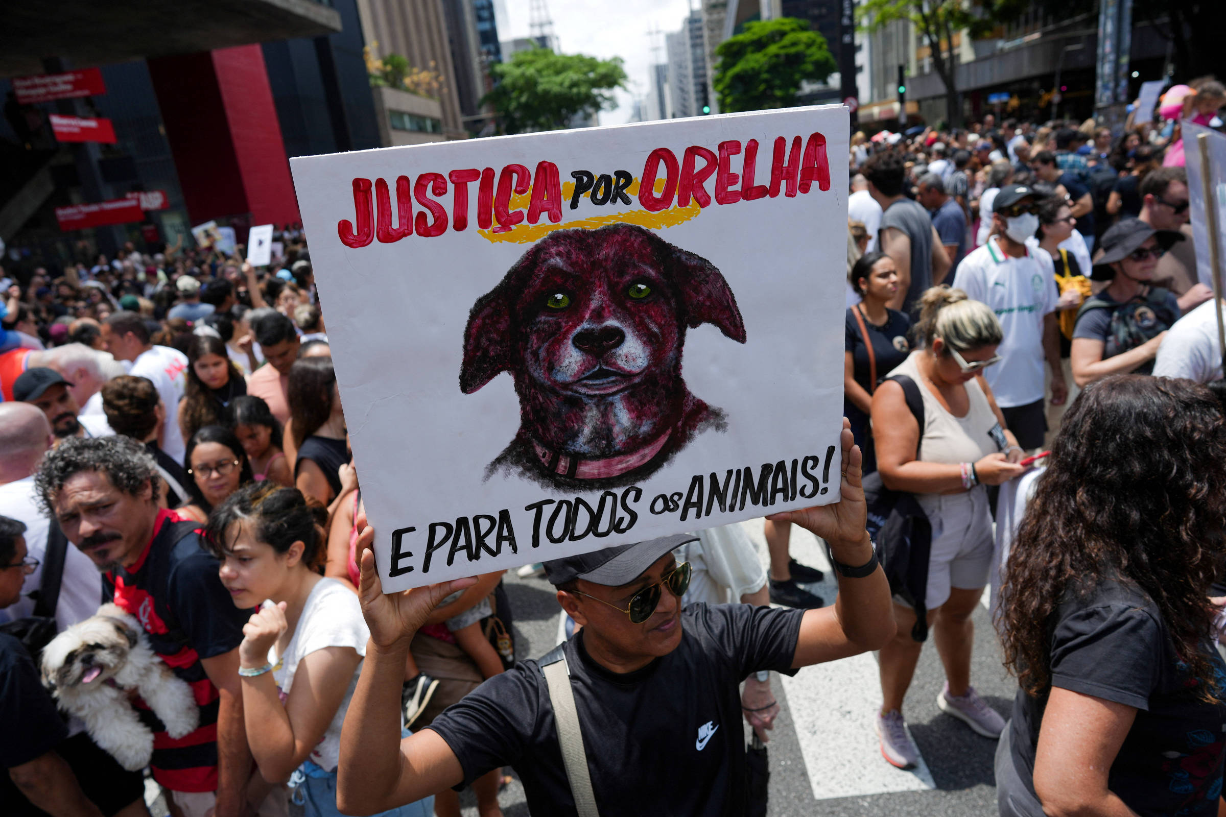 Pessoa segura placa com desenho de cachorro e texto