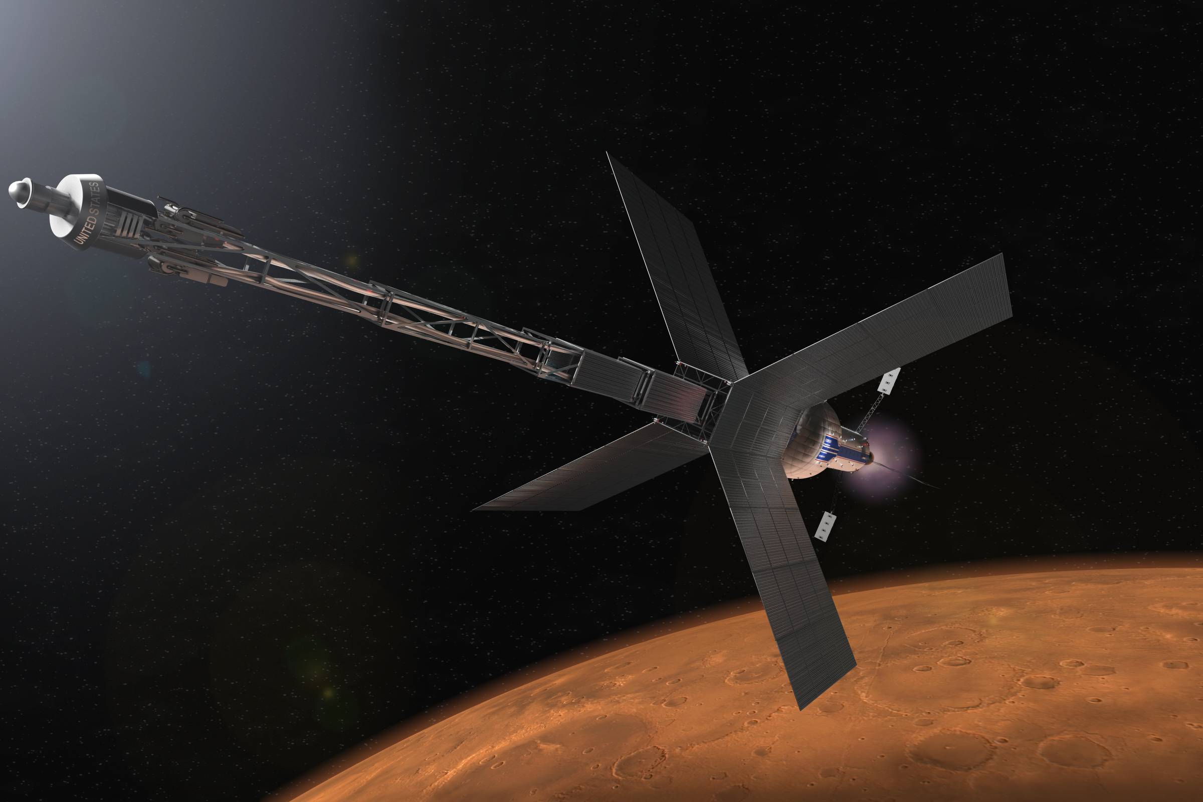 Sonda espacial com estrutura longa e painéis solares em formato de X orbitando próximo à superfície de Marte, visível ao fundo com sua coloração avermelhada e crateras.