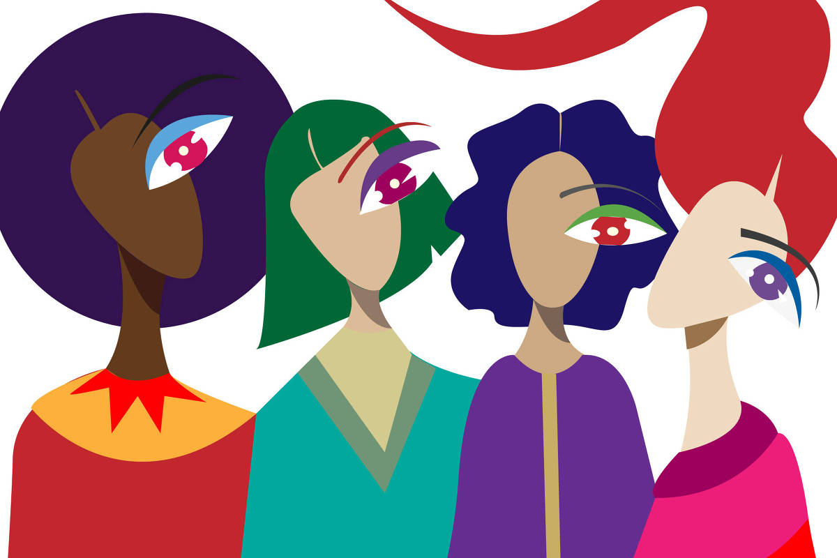 Quatro figuras femininas estilizadas em cores vibrantes, cada uma com cabelo e roupas distintas. Olhos grandes e expressivos em estilo abstrato, com formas geométricas e cores contrastantes. Fundo branco simples destaca as figuras coloridas.