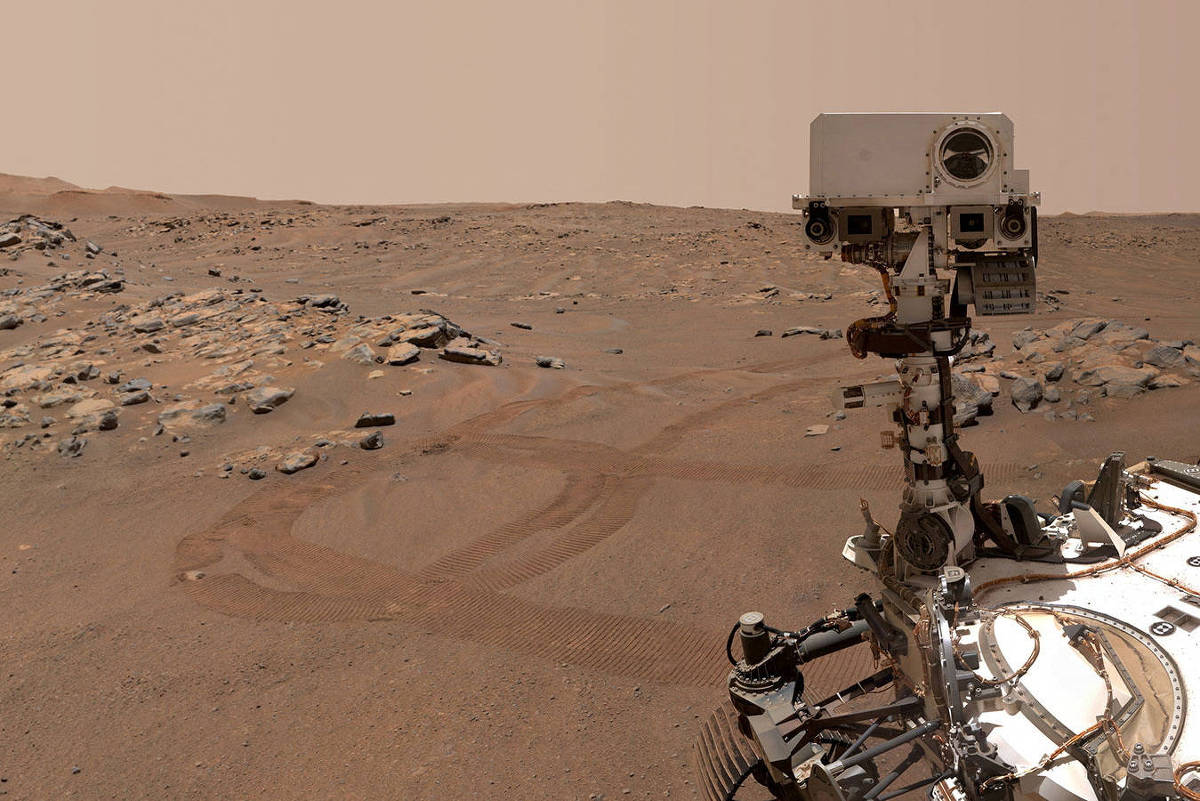 Rover com câmera elevada registra a paisagem árida de Marte, com solo rochoso e horizonte plano sob céu claro.
