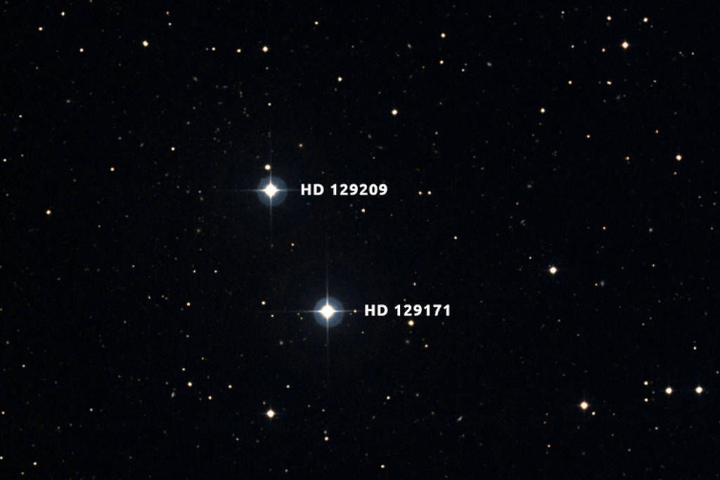 Campo escuro com várias estrelas pequenas e duas estrelas brilhantes identificadas como HD 129209 e HD 129171, próximas uma da outra no centro da imagem.