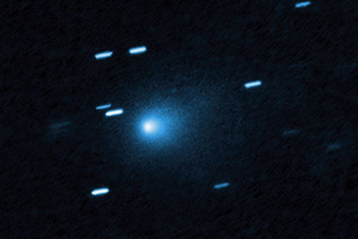 Cometa azul brilhante com núcleo central luminoso e cauda difusa se estendendo para a esquerda, cercado por estrelas com traços de movimento em fundo escuro.