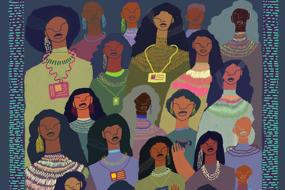 Ilustração colorida mostra 24 mulheres de diferentes tons de pele e cabelos, organizadas em cinco fileiras. Elas vestem roupas variadas e algumas usam crachás, sobre fundo azul escuro com borda decorativa.