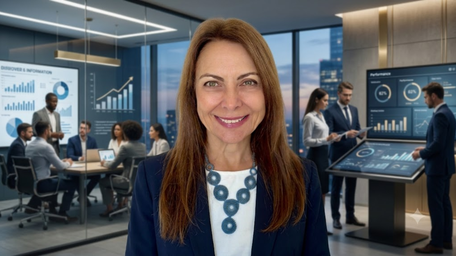 Marcia Lavrado em destaque em ambiente corporativo moderno, com equipes em reunião estratégica e painéis de desempenho ao fundo, representando liderança, protagonismo profissional e desenvolvimento de talentos.